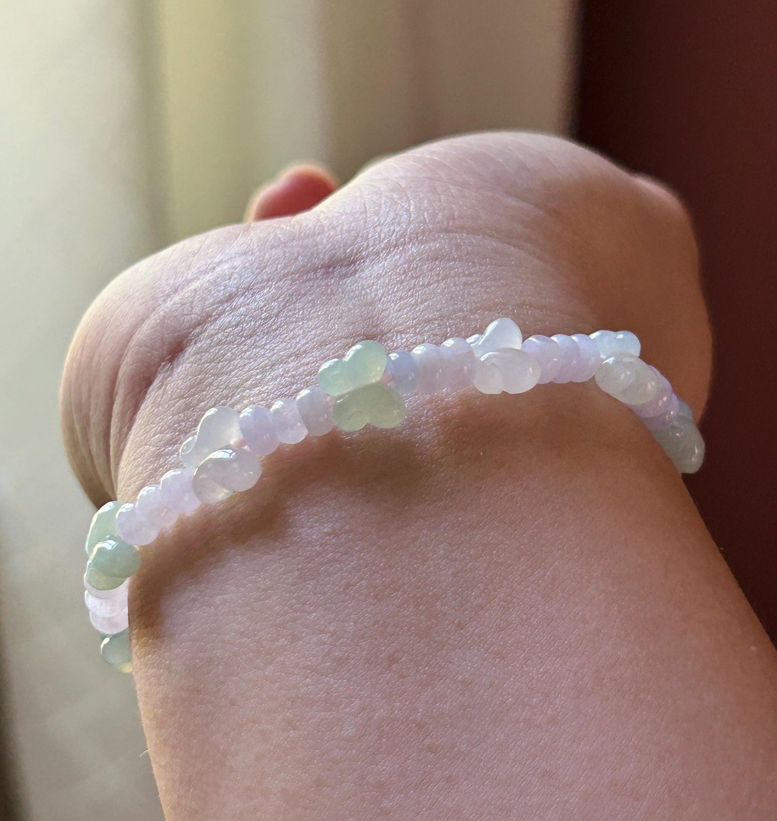 Natural Jadeite Beaded Bracelet Burmese Type A Icy Translucent Soft Pink Lavender Abacus Jade Beads & Pale Green Butterfly Charms 5-8mm