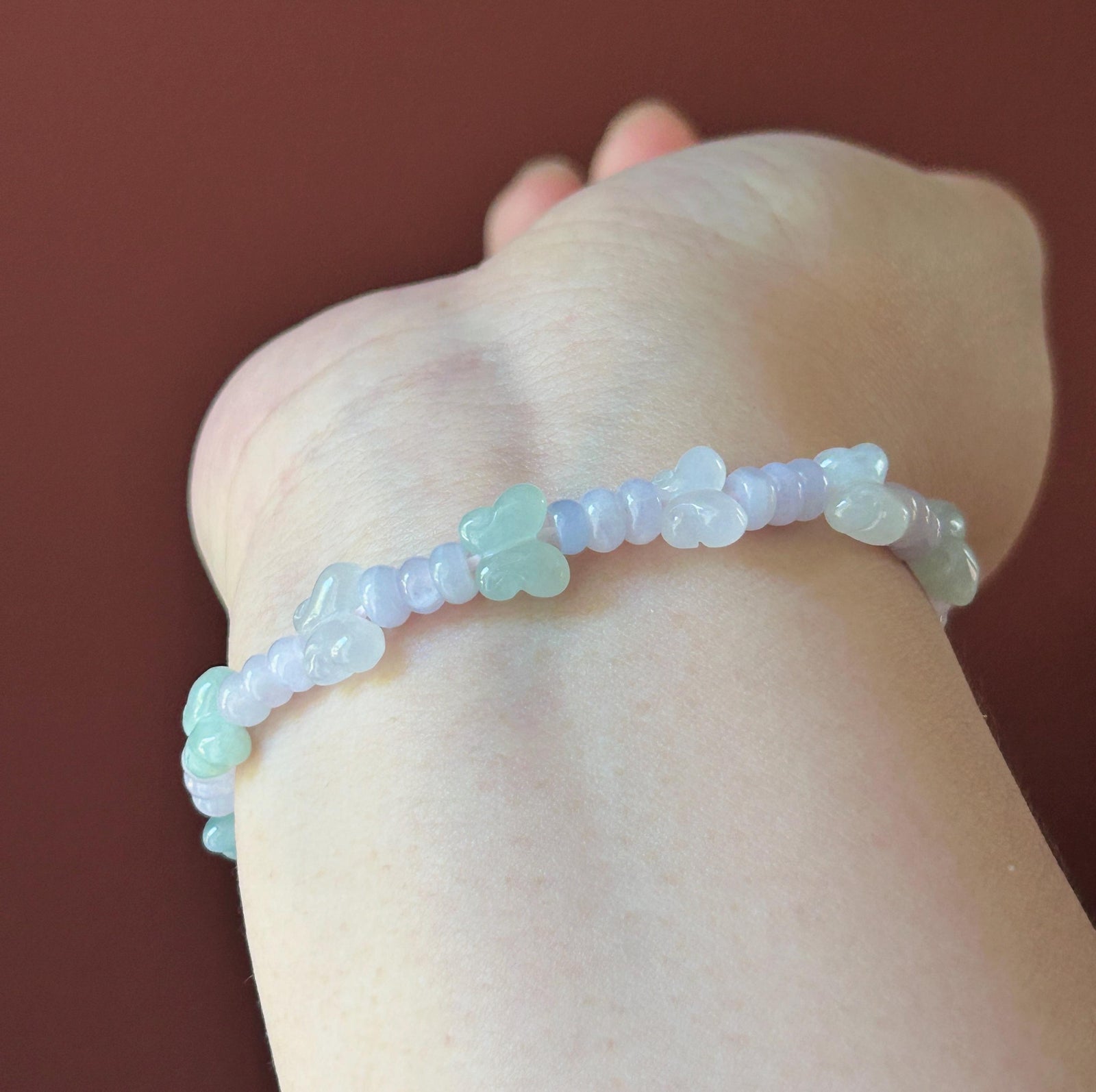 Natural Jadeite Beaded Bracelet Burmese Type A Icy Translucent Soft Pink Lavender Abacus Jade Beads & Pale Green Butterfly Charms 5-8mm