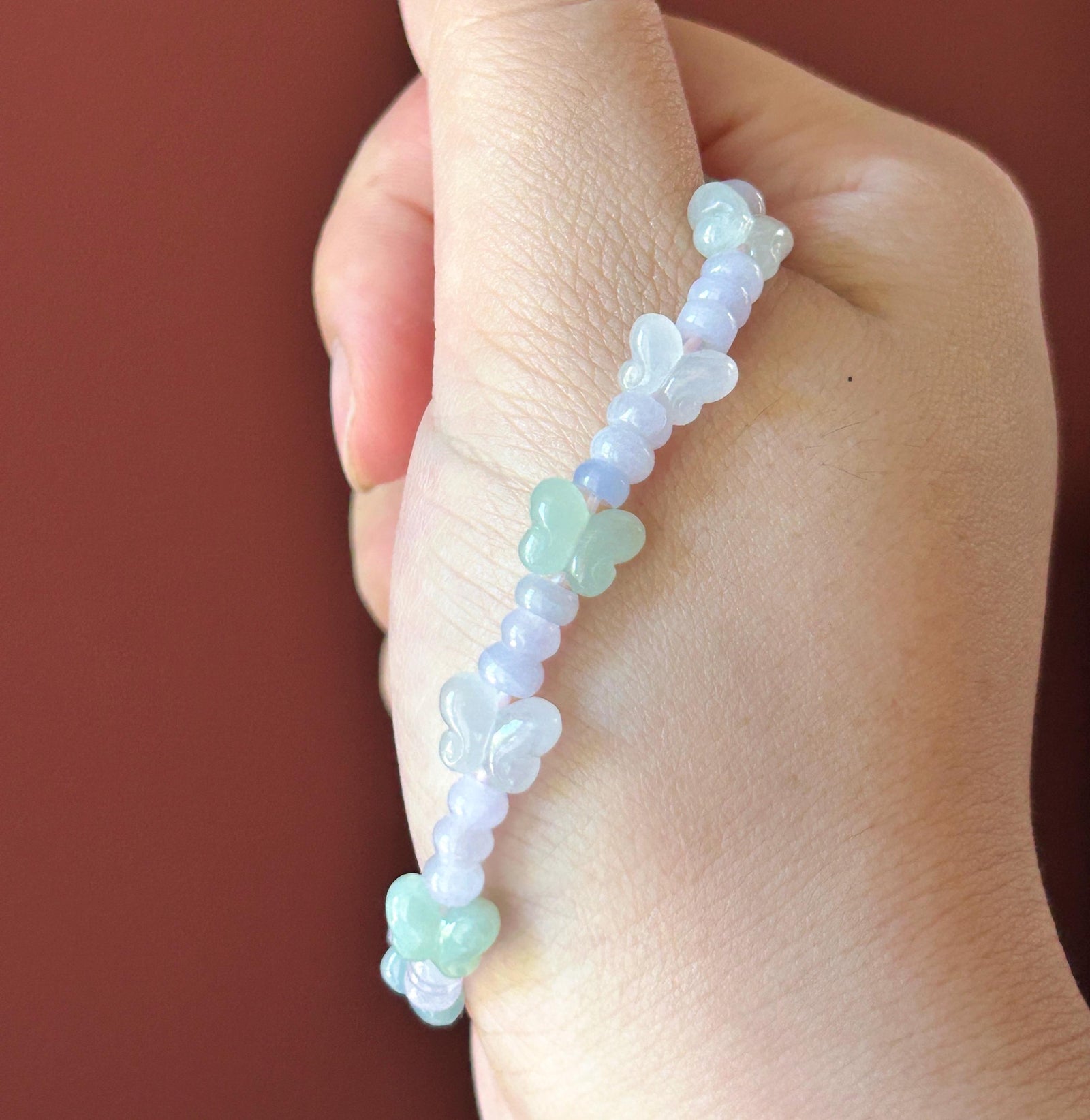 Natural Jadeite Beaded Bracelet Burmese Type A Icy Translucent Soft Pink Lavender Abacus Jade Beads & Pale Green Butterfly Charms 5-8mm