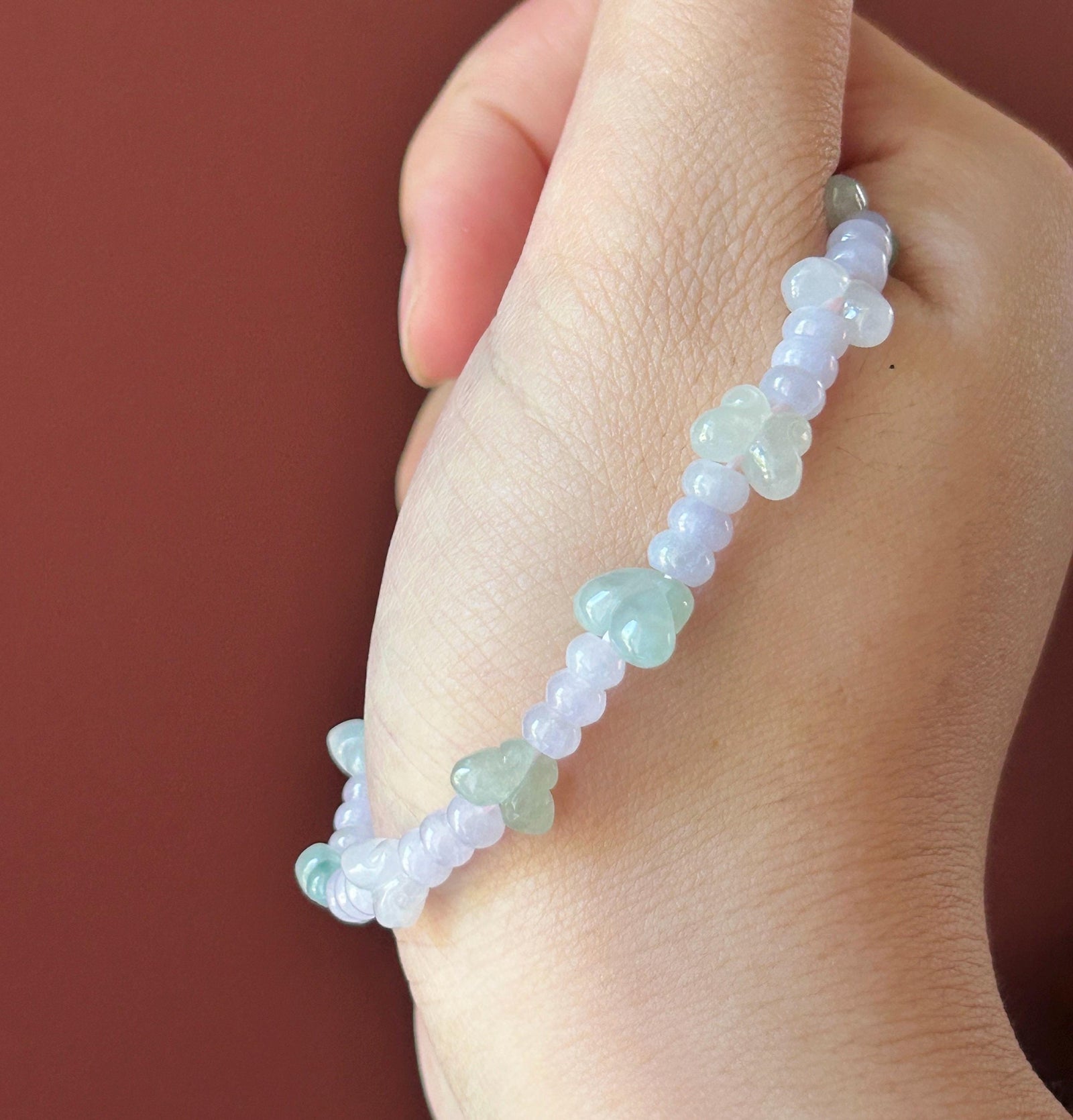 Natural Jadeite Beaded Bracelet Burmese Type A Icy Translucent Soft Pink Lavender Abacus Jade Beads & Pale Green Butterfly Charms 5-8mm