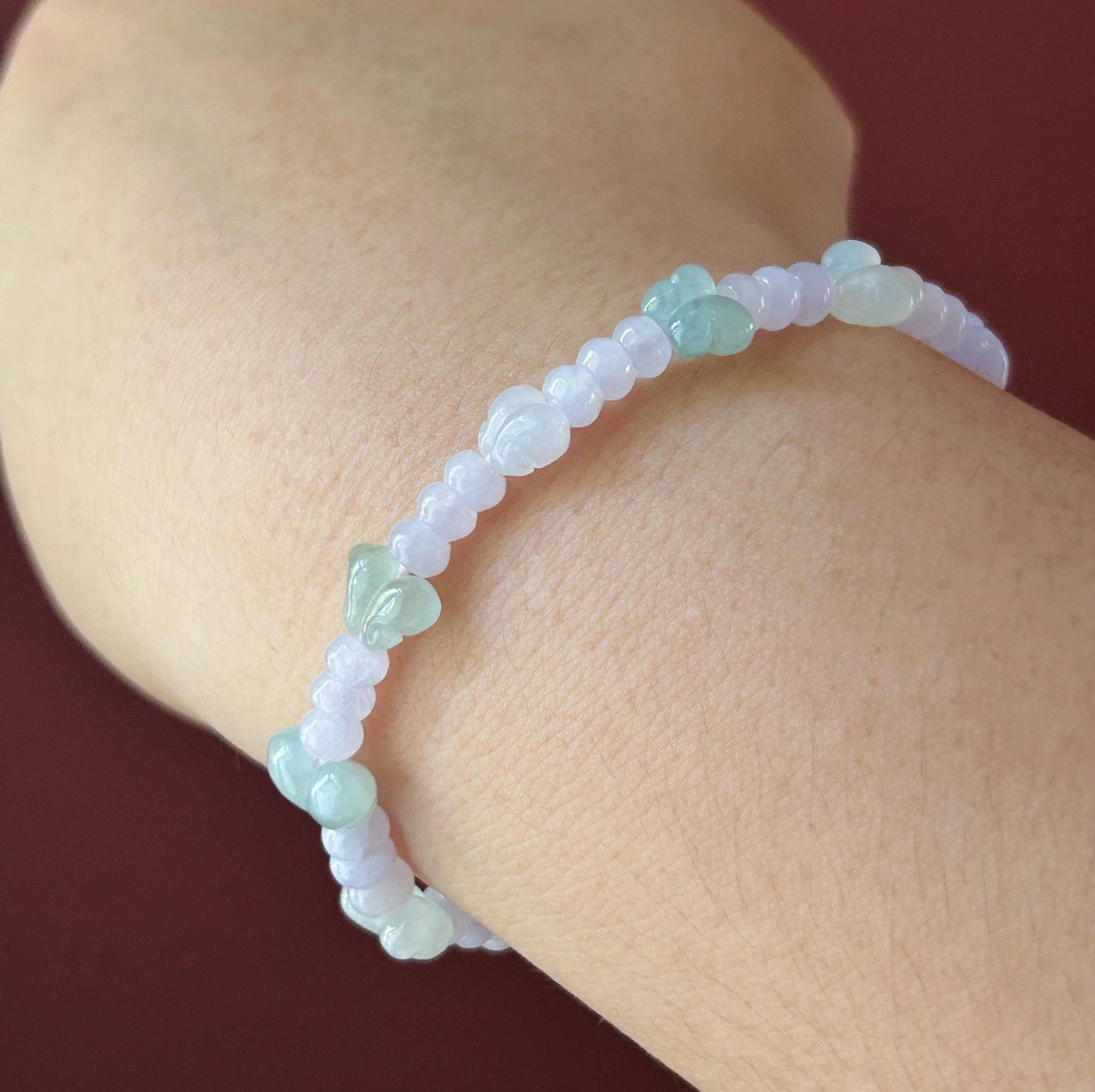 Natural Jadeite Beaded Bracelet Burmese Type A Icy Translucent Soft Pink Lavender Abacus Jade Beads & Pale Green Butterfly Charms 5-8mm