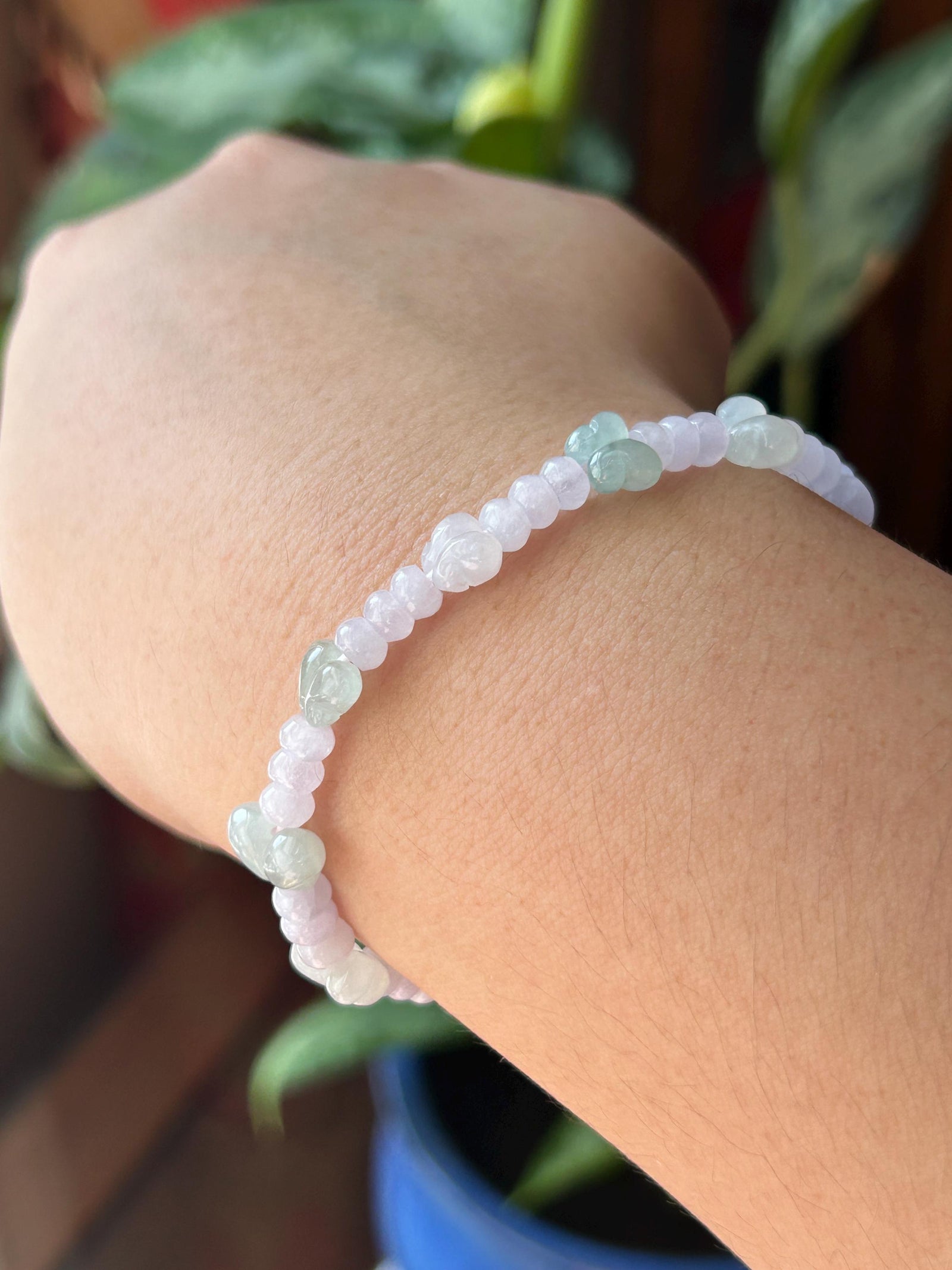 Natural Jadeite Beaded Bracelet Burmese Type A Icy Translucent Soft Pink Lavender Abacus Jade Beads & Pale Green Butterfly Charms 5-8mm