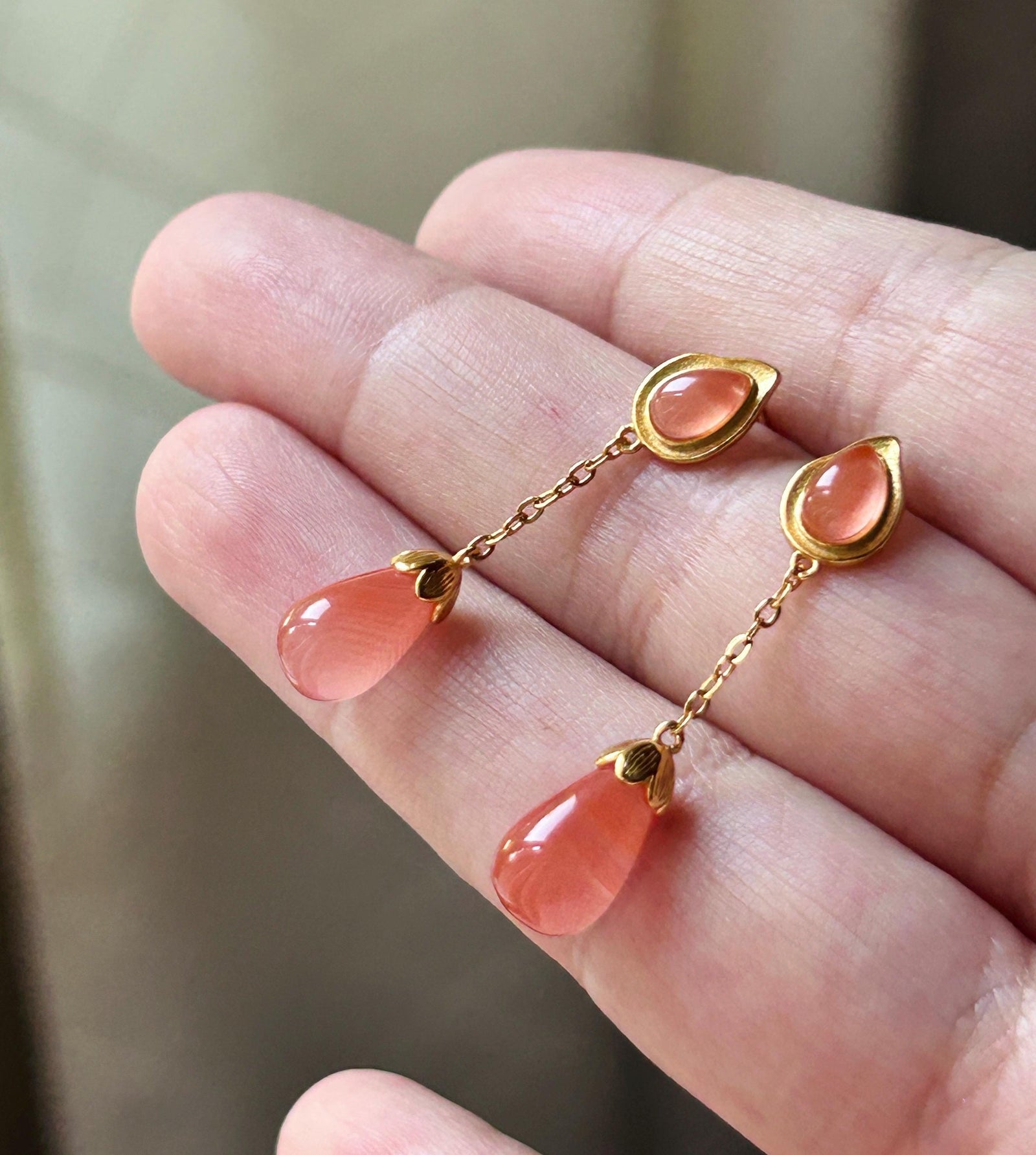 Natural Nanhong Agate Tassel Drop Earrings: Untreated Highly Translucent Icy Southern Red Agate, 18k Gold Vermeil