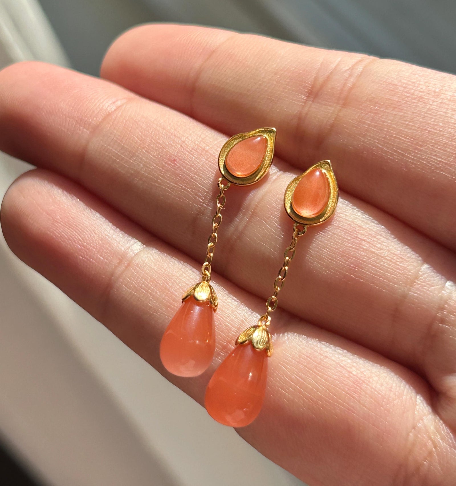 Natural Nanhong Agate Tassel Drop Earrings: Untreated Highly Translucent Icy Southern Red Agate, 18k Gold Vermeil