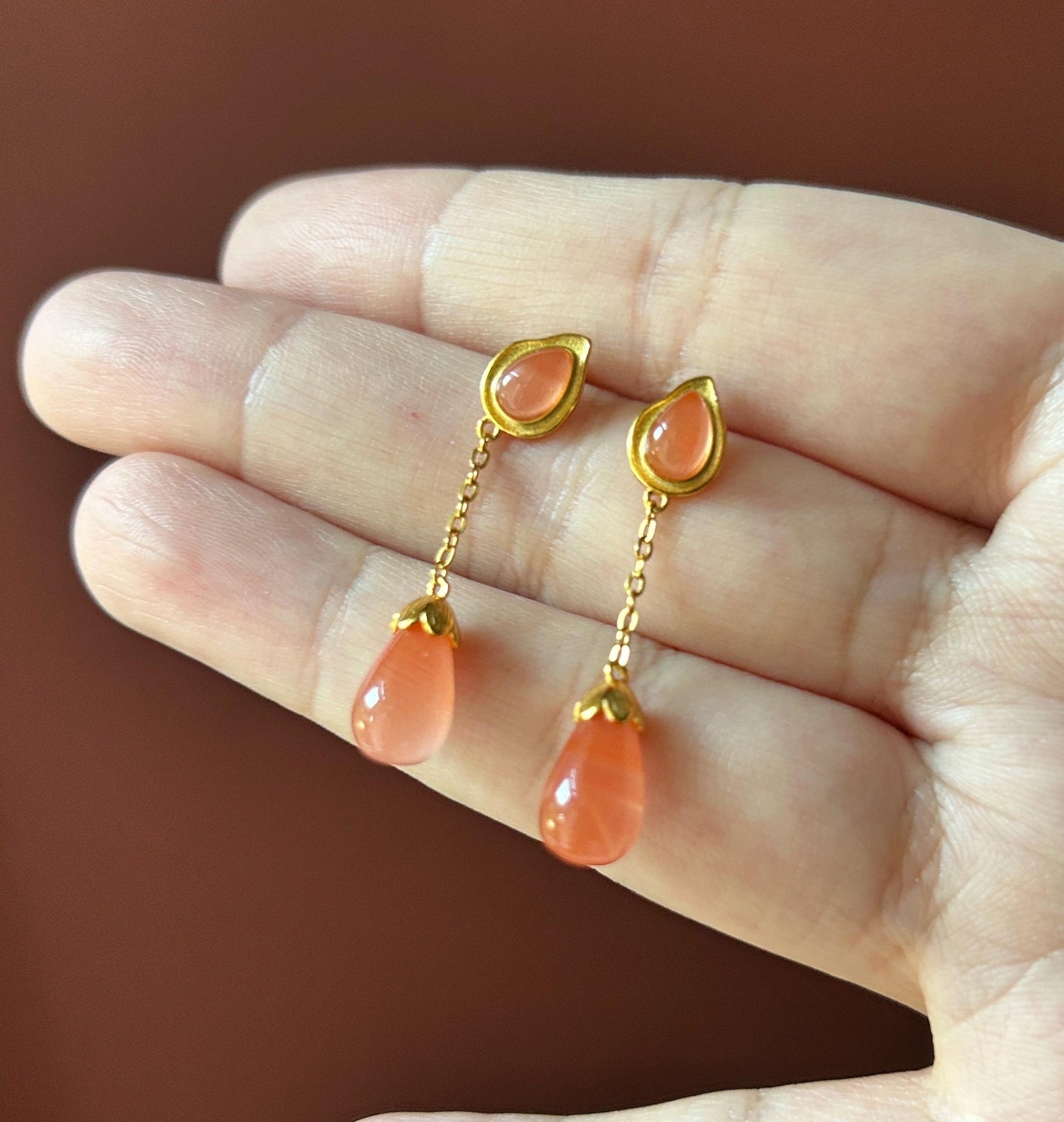 Natural Nanhong Agate Tassel Drop Earrings: Untreated Highly Translucent Icy Southern Red Agate, 18k Gold Vermeil