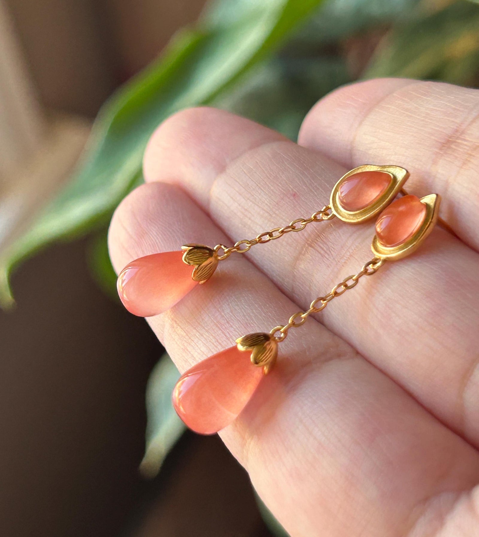 Natural Nanhong Agate Tassel Drop Earrings: Untreated Highly Translucent Icy Southern Red Agate, 18k Gold Vermeil