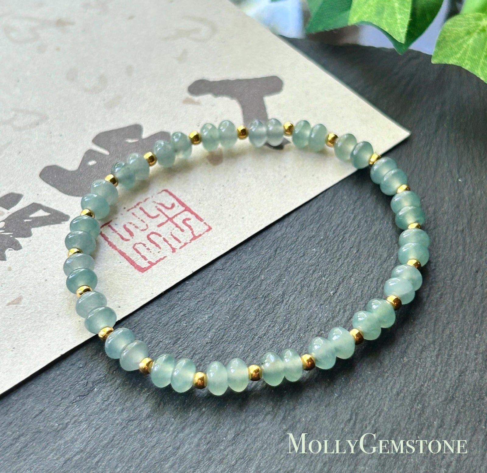 Natural Jadeite Beaded Bracelet | Guatemalan Type A Highly Translucent Ocean Blue Jade 5.3mm | 18k Gold Vermeil