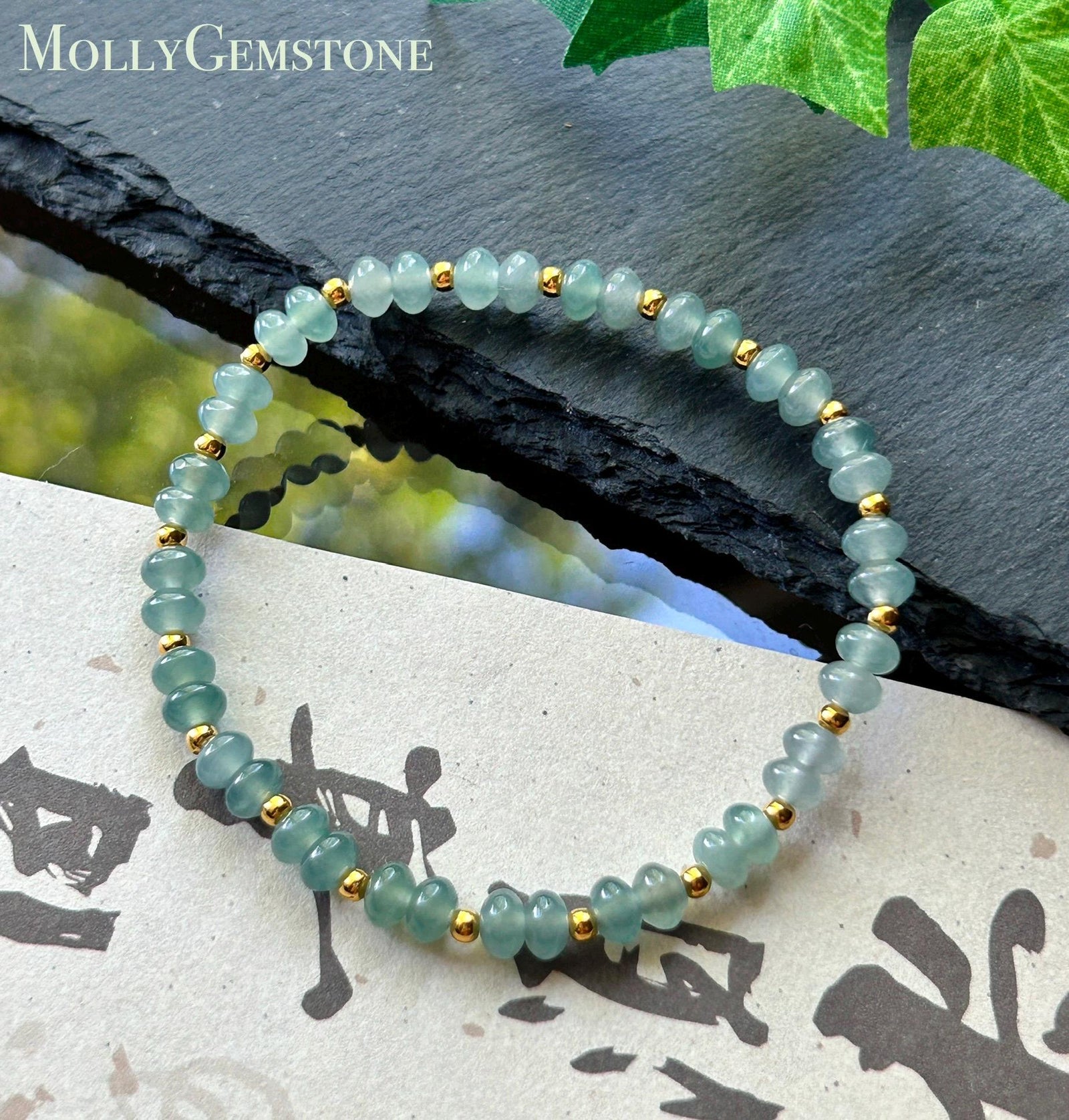 Natural Jadeite Beaded Bracelet | Guatemalan Type A Highly Translucent Ocean Blue Jade 5.3mm | 18k Gold Vermeil