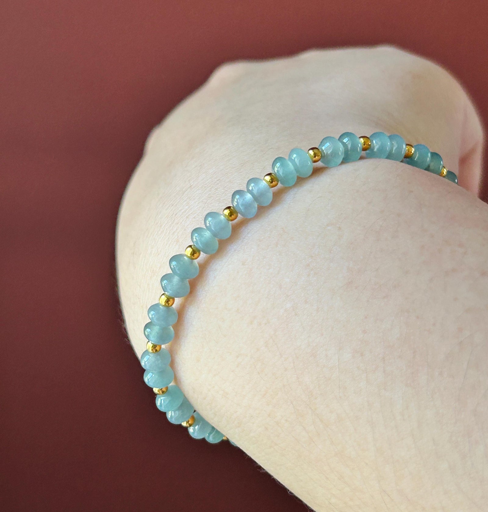 Natural Jadeite Beaded Bracelet | Guatemalan Type A Highly Translucent Ocean Blue Jade 5.3mm | 18k Gold Vermeil