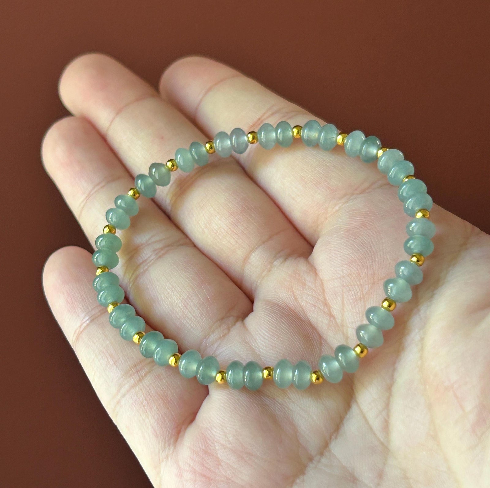 Natural Jadeite Beaded Bracelet | Guatemalan Type A Highly Translucent Ocean Blue Jade 5.3mm | 18k Gold Vermeil