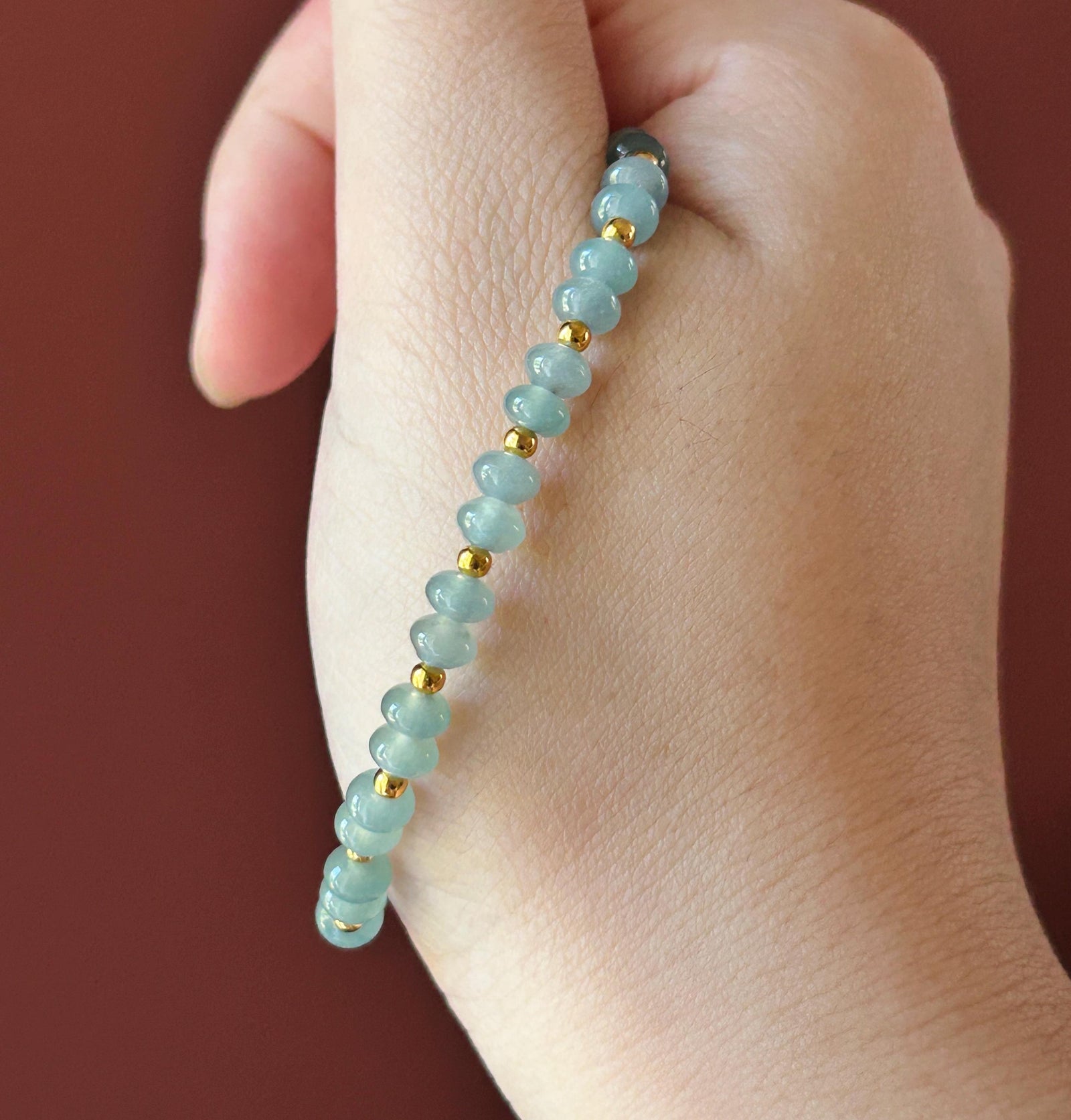 Natural Jadeite Beaded Bracelet | Guatemalan Type A Highly Translucent Ocean Blue Jade 5.3mm | 18k Gold Vermeil