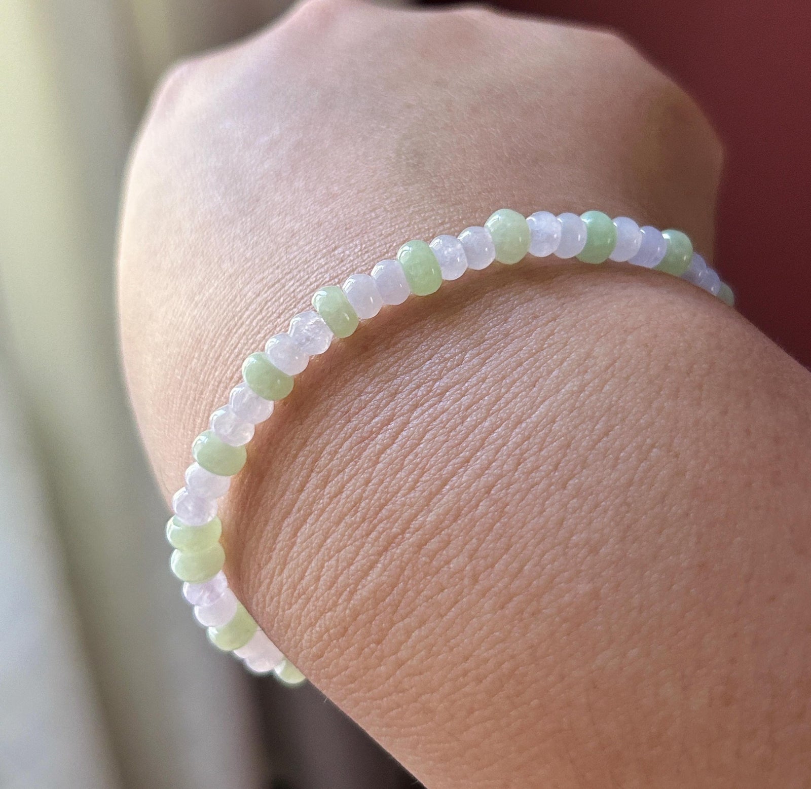 Natural Jadeite Beaded Bracelet Burmese Type A Icy Translucent Soft Pink Lavender & Pale Apple Green Abacus Jade Beads 5mm