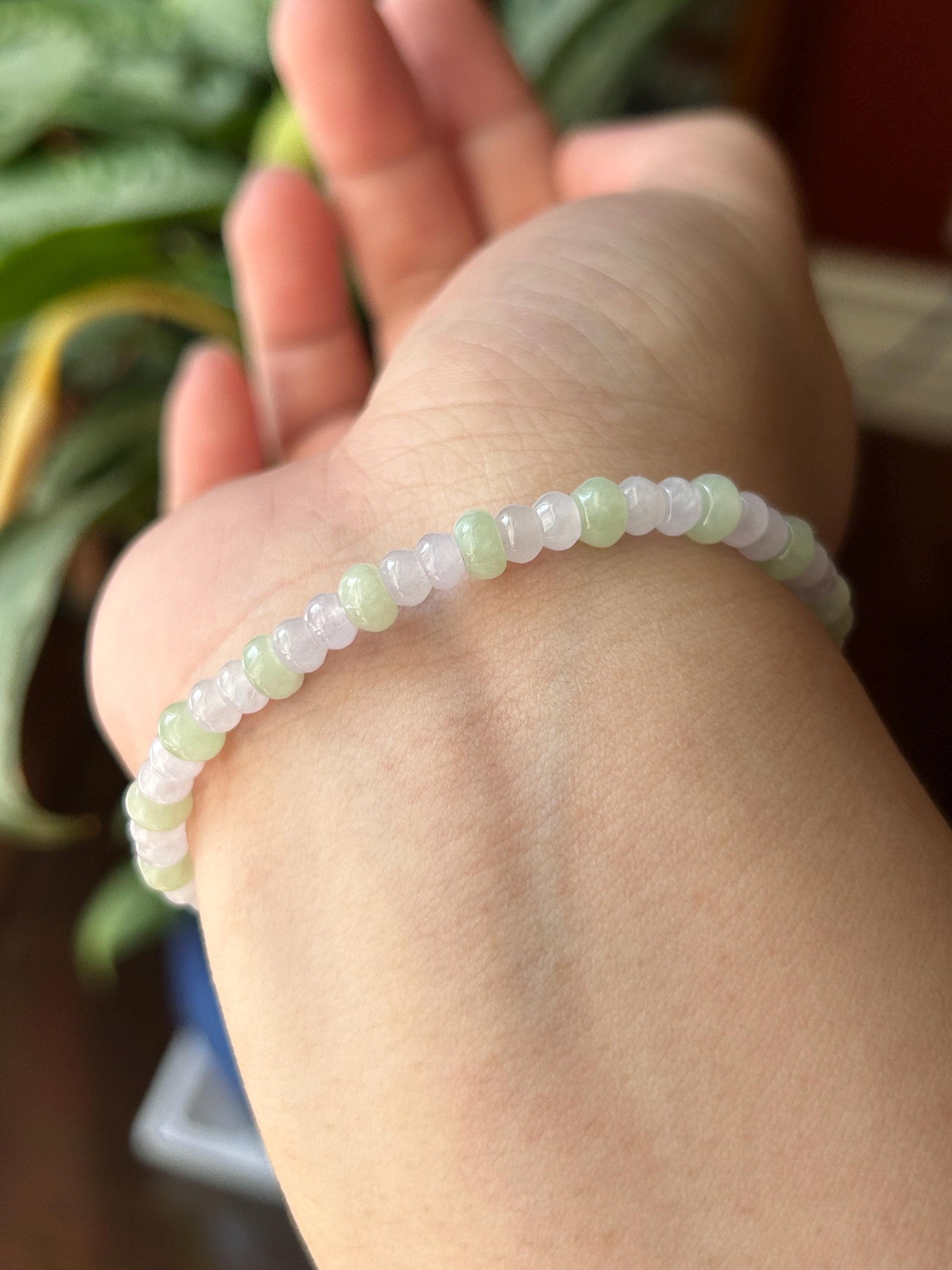 Natural Jadeite Beaded Bracelet Burmese Type A Icy Translucent Soft Pink Lavender & Pale Apple Green Abacus Jade Beads 5mm