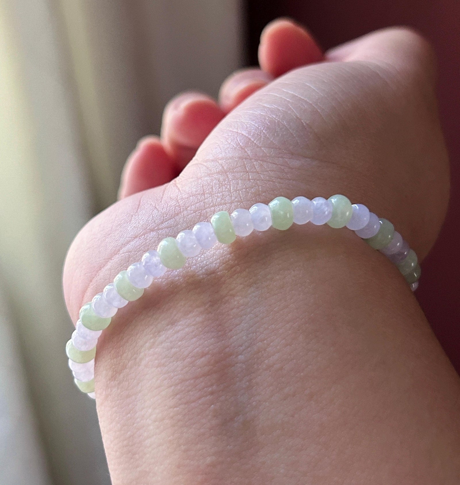 Natural Jadeite Beaded Bracelet Burmese Type A Icy Translucent Soft Pink Lavender & Pale Apple Green Abacus Jade Beads 5mm