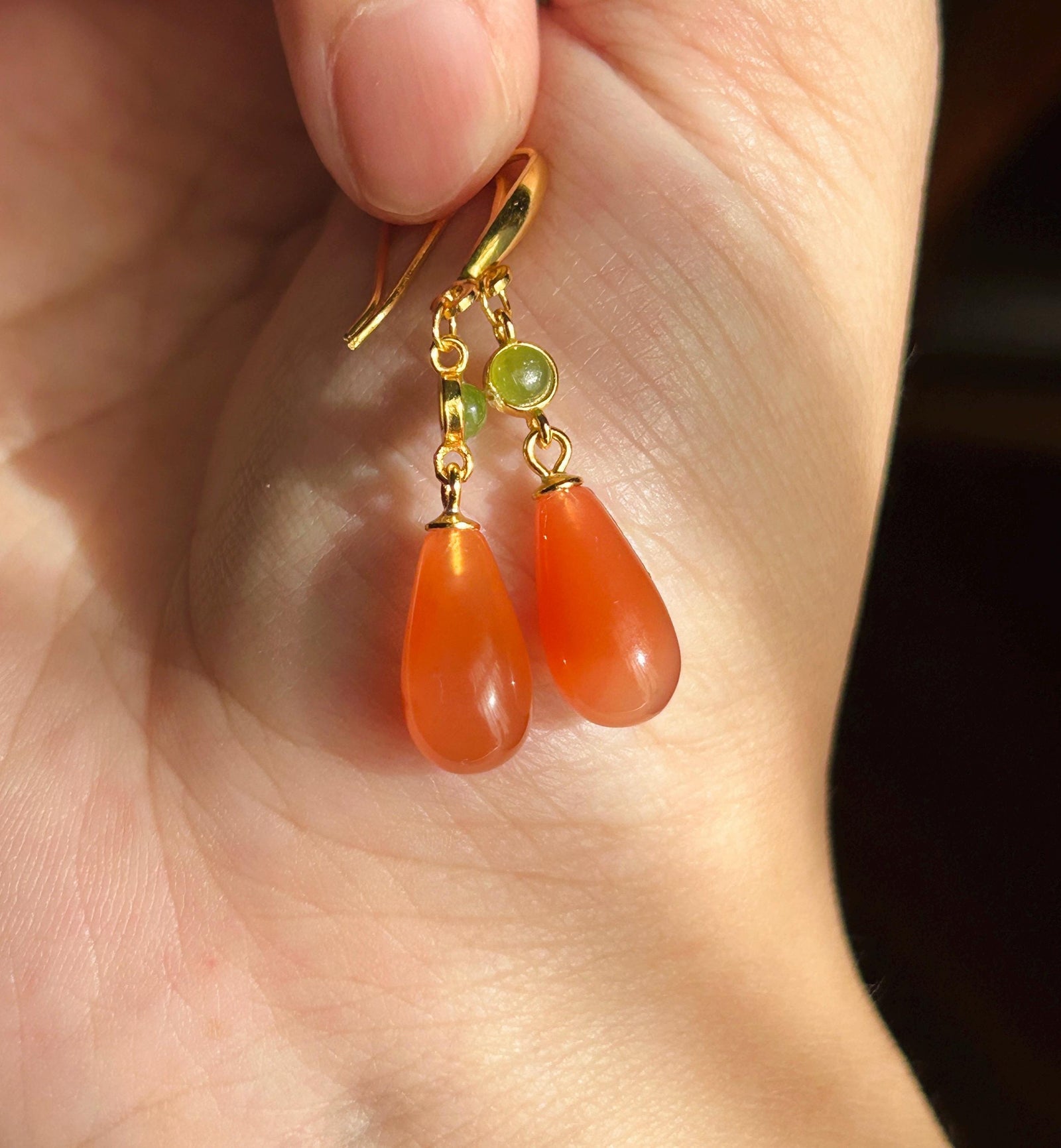 Natural Nanhong Agate Earrings: Untreated Highly Translucent Icy Southern Red Agate, Nephrite Jade Cabochon, 18k Gold Vermeil