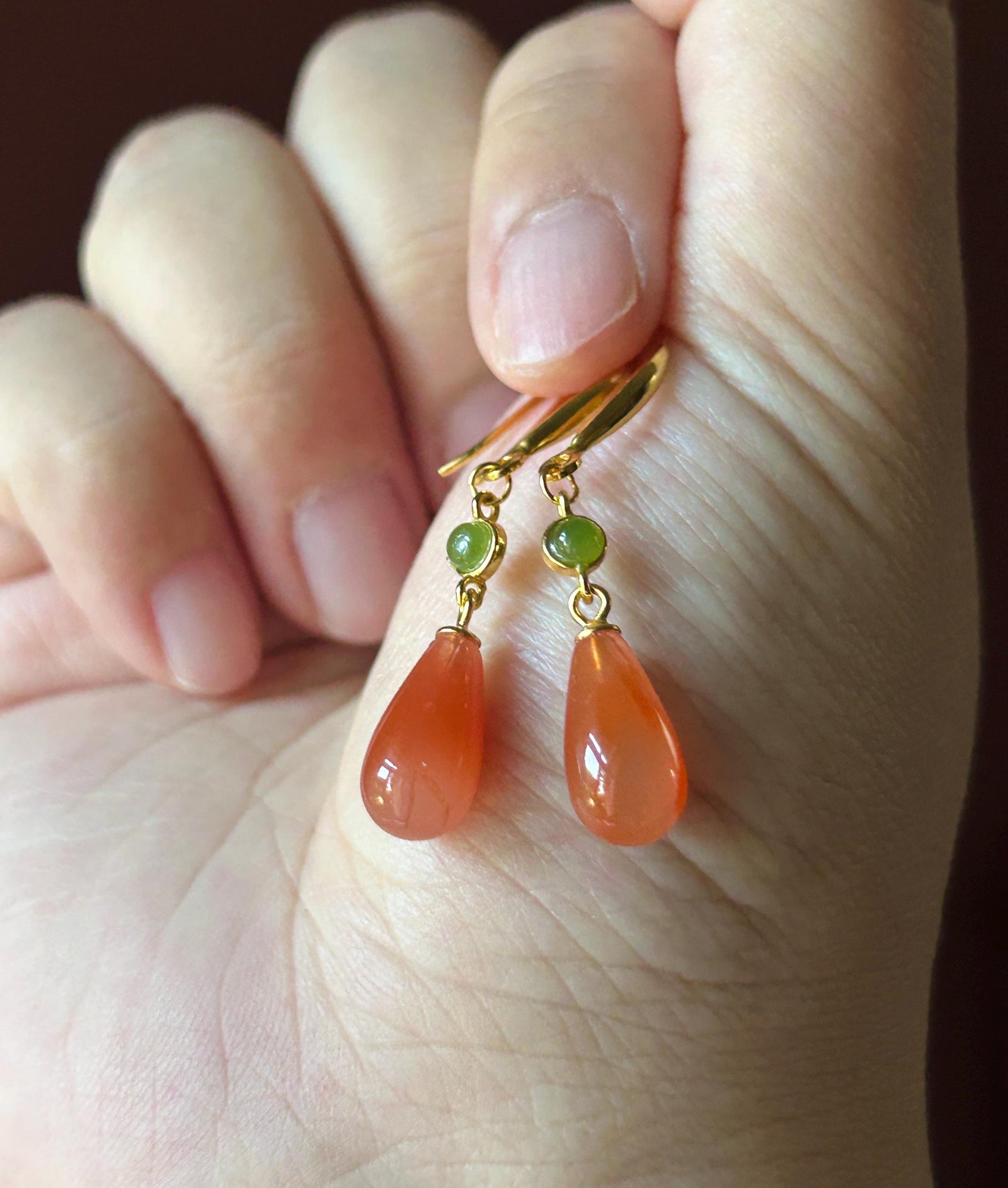 Natural Nanhong Agate Earrings: Untreated Highly Translucent Icy Southern Red Agate, Nephrite Jade Cabochon, 18k Gold Vermeil