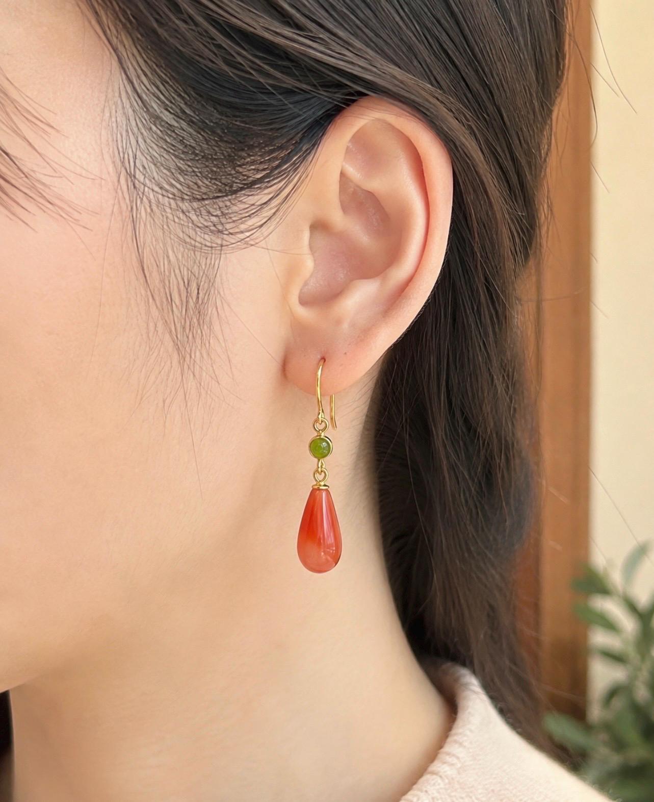 Natural Nanhong Agate Earrings: Untreated Highly Translucent Icy Southern Red Agate, Nephrite Jade Cabochon, 18k Gold Vermeil