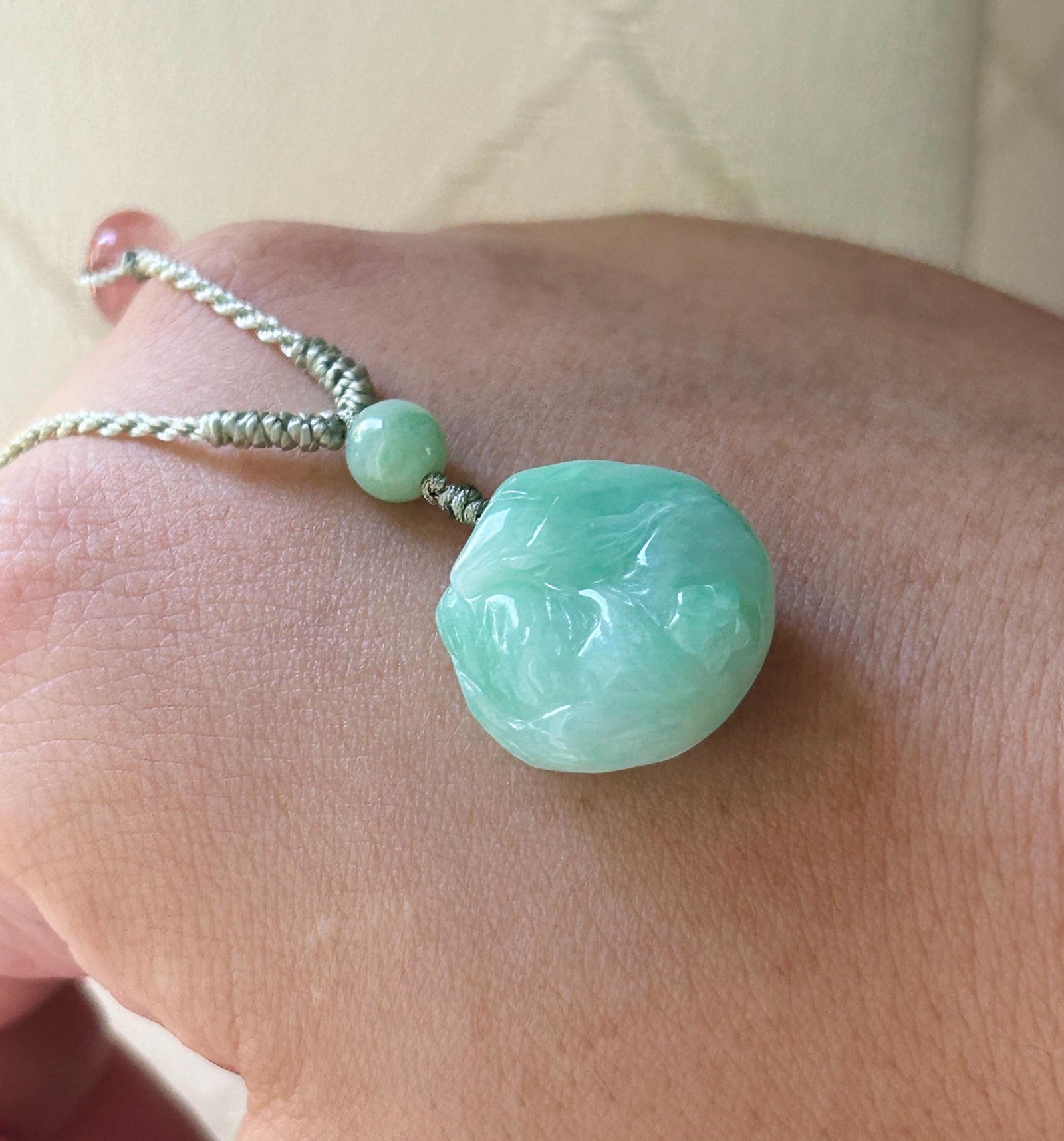 Certified Natural Jadeite Nine-Tail-Fox Pendant - Burmese Type A Icy Apple Green Jade, Hand-Carved Curled Sleeping Fox, Adjustable Cord
