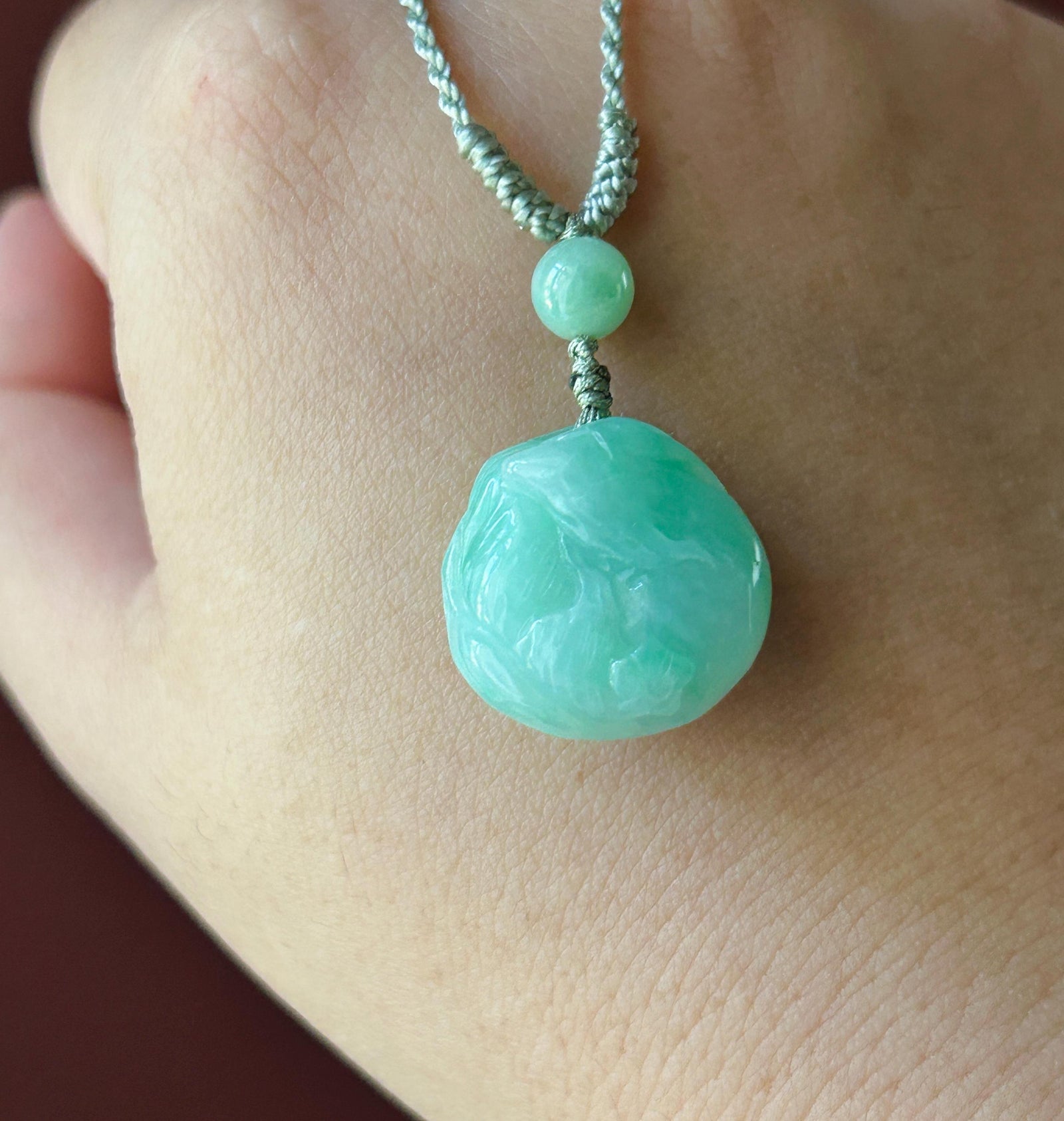 Certified Natural Jadeite Nine-Tail-Fox Pendant - Burmese Type A Icy Apple Green Jade, Hand-Carved Curled Sleeping Fox, Adjustable Cord