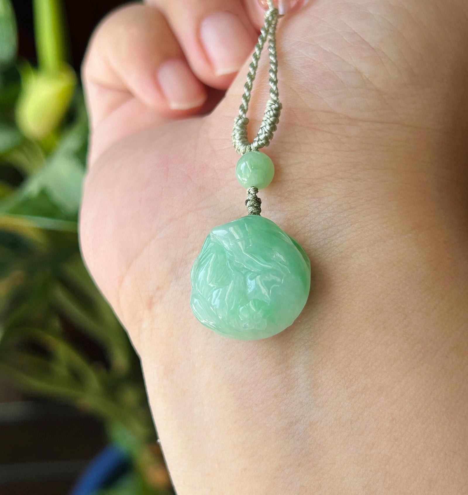 Certified Natural Jadeite Nine-Tail-Fox Pendant - Burmese Type A Icy Apple Green Jade, Hand-Carved Curled Sleeping Fox, Adjustable Cord