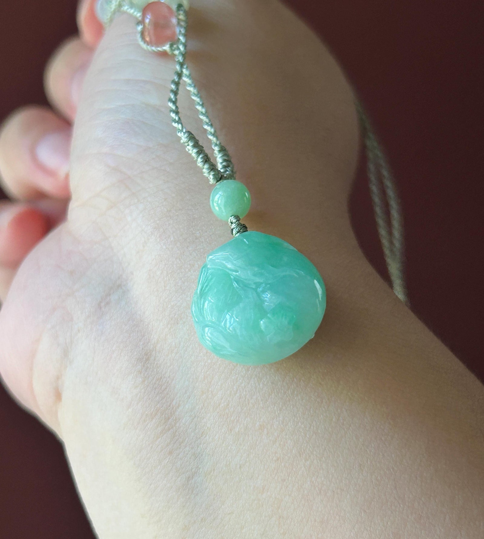 Certified Natural Jadeite Nine-Tail-Fox Pendant - Burmese Type A Icy Apple Green Jade, Hand-Carved Curled Sleeping Fox, Adjustable Cord