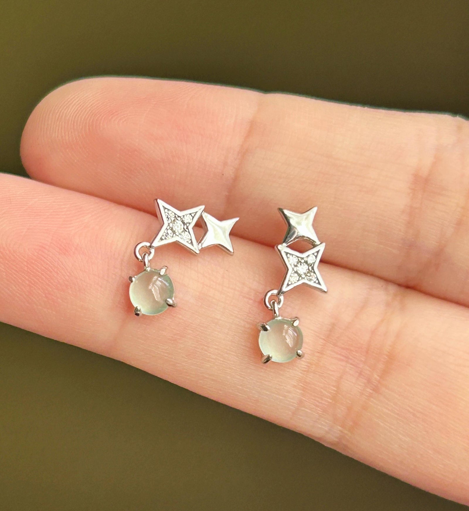 Natural Jadeite Cabochon Stud Earrings: Burmese Type A Untreated Highly Translucent High Icy Pale Blue/Green Jade, Sterling Silver