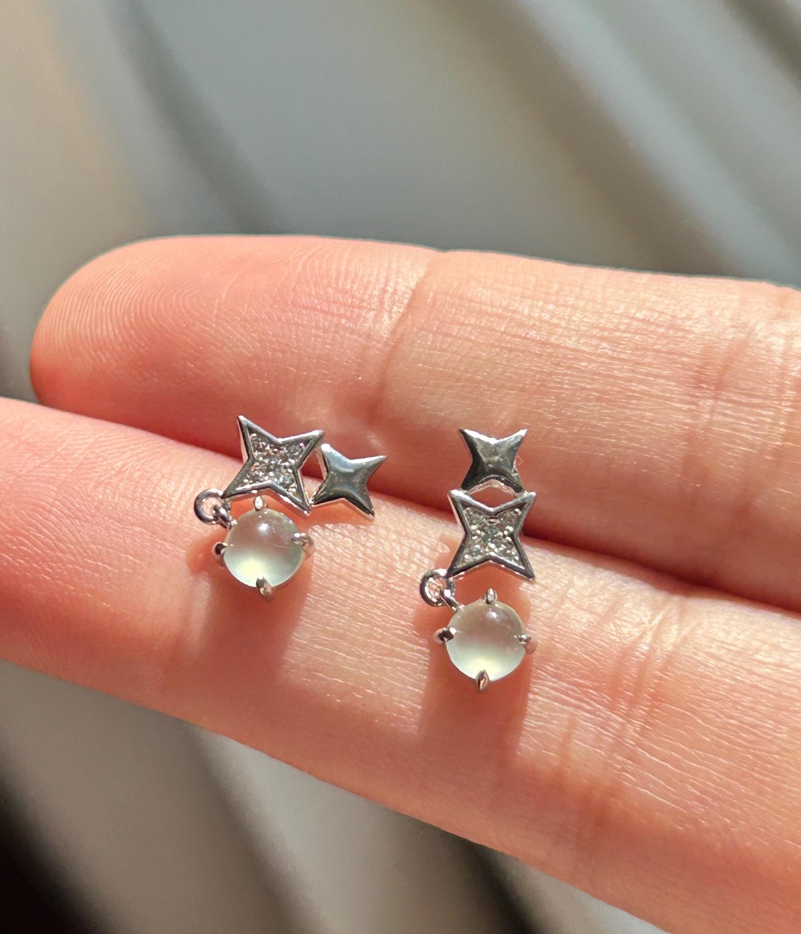 Natural Jadeite Cabochon Stud Earrings: Burmese Type A Untreated Highly Translucent High Icy Pale Blue/Green Jade, Sterling Silver