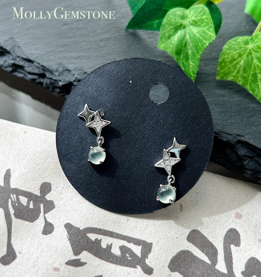 Natural Jadeite Cabochon Stud Earrings: Burmese Type A Untreated Highly Translucent High Icy Pale Blue/Green Jade, Sterling Silver