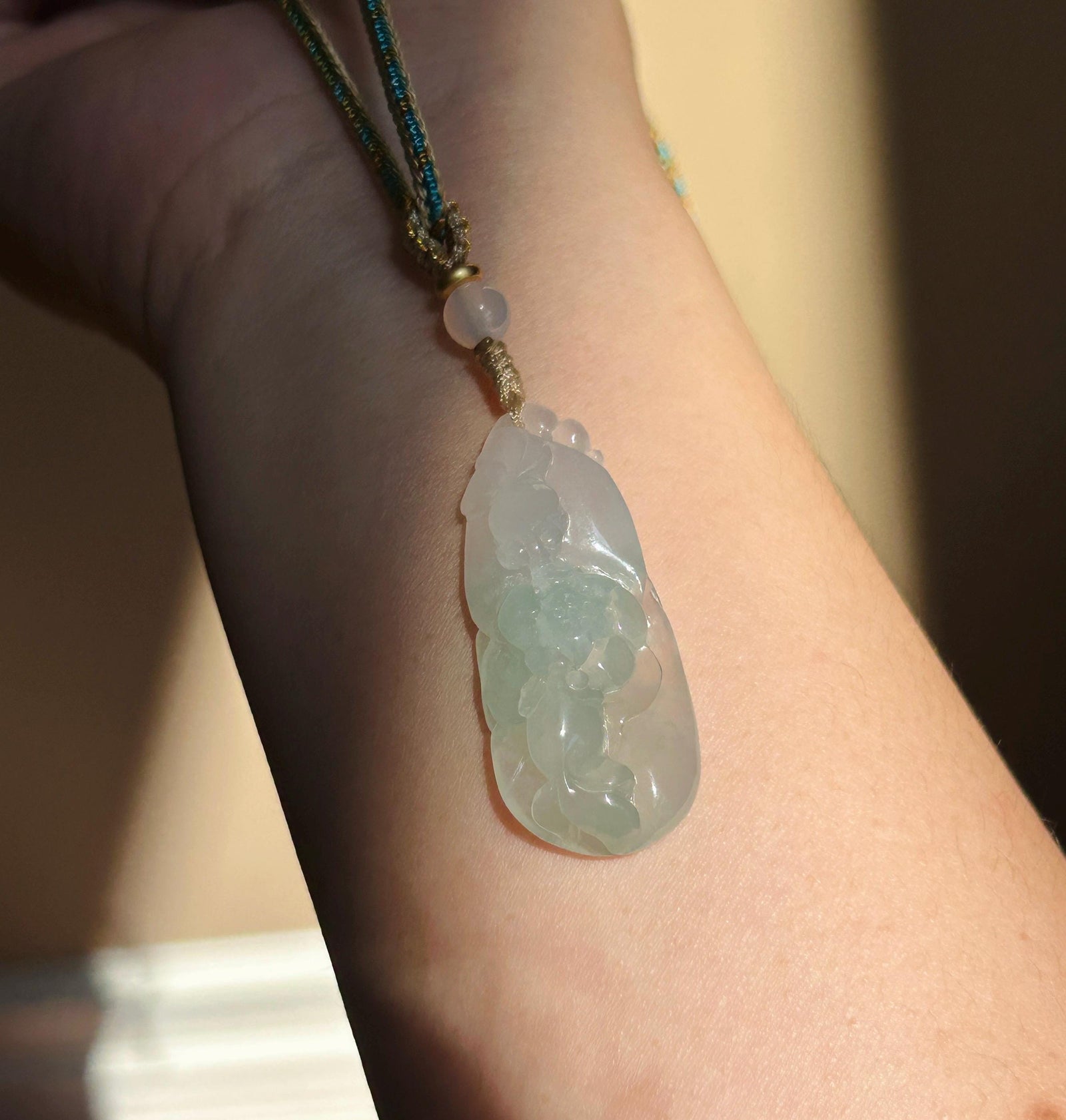 Natural Jadeite Fish & Lotus Pendant - Burmese Type A Highly Translucent Icy Pale Green Jade, Adjustable Cord