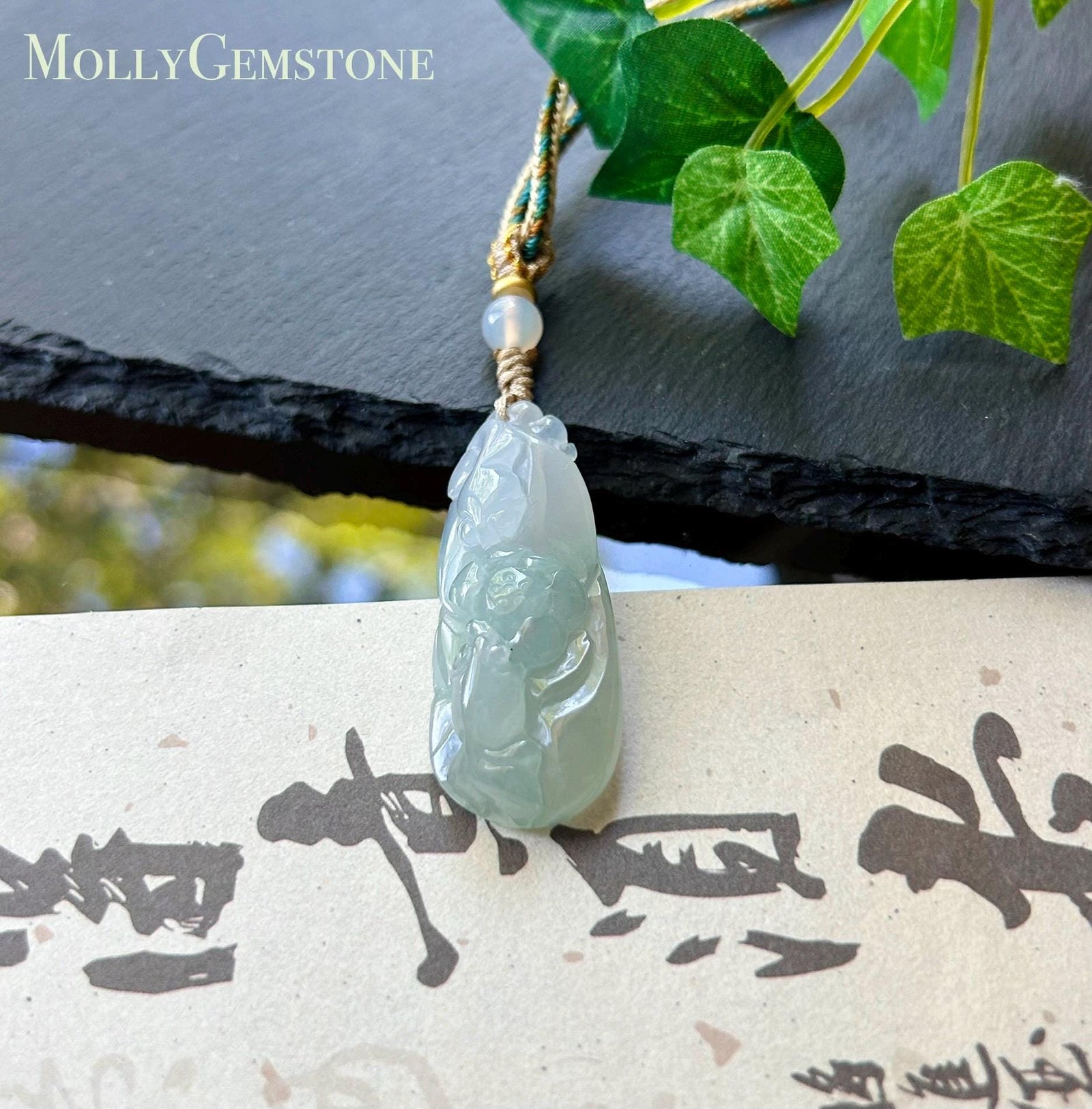Natural Jadeite Fish & Lotus Pendant - Burmese Type A Highly Translucent Icy Pale Green Jade, Adjustable Cord