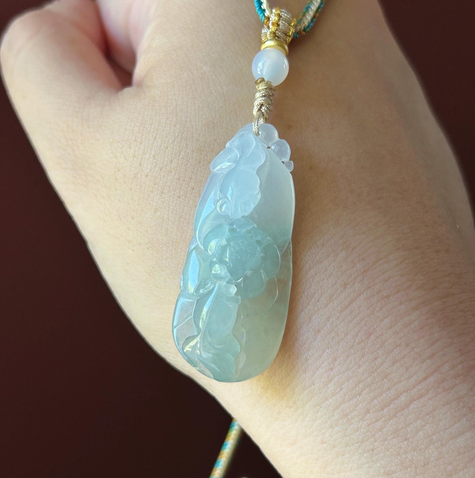 Natural Jadeite Fish & Lotus Pendant - Burmese Type A Highly Translucent Icy Pale Green Jade, Adjustable Cord
