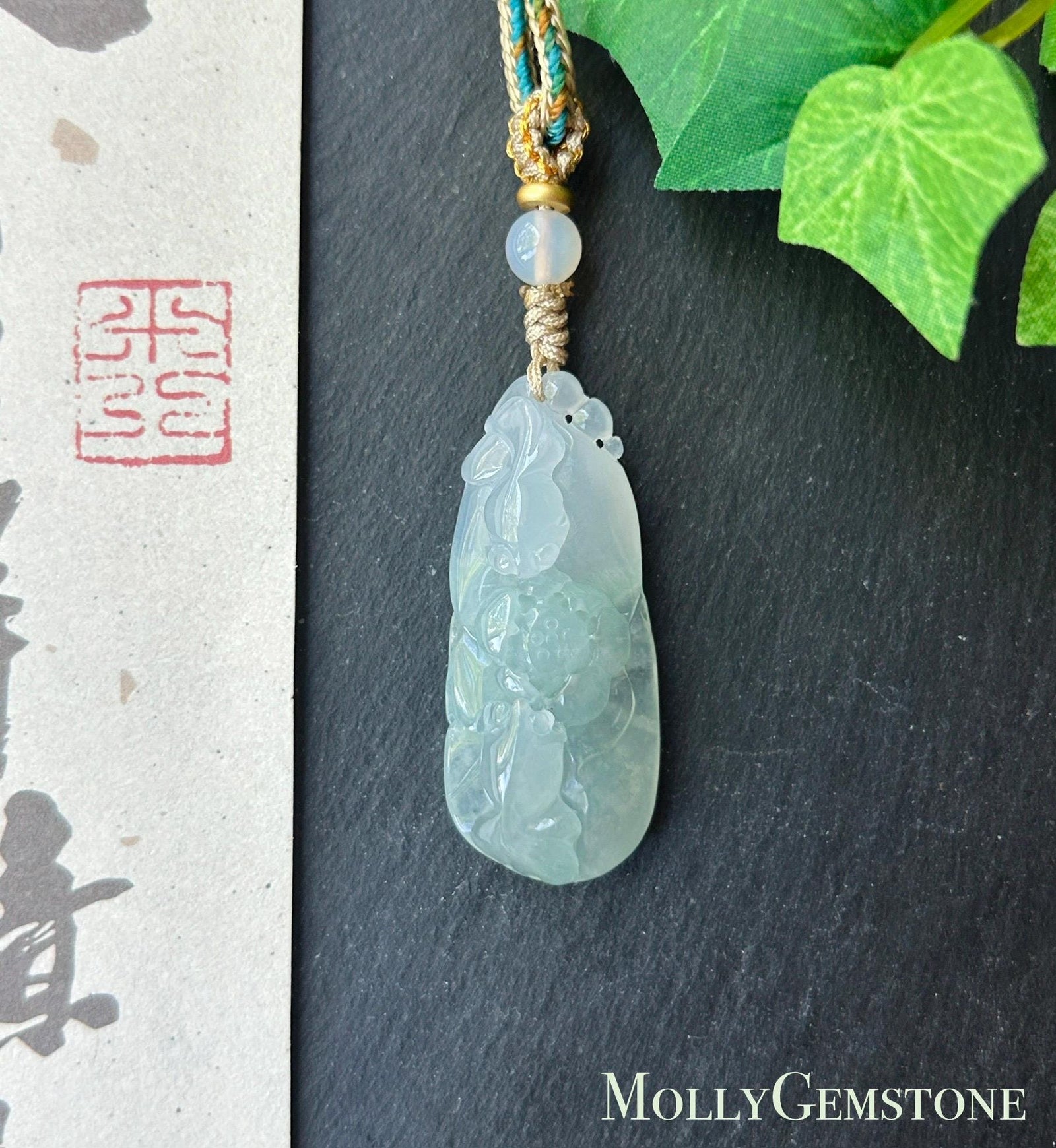 Natural Jadeite Fish & Lotus Pendant - Burmese Type A Highly Translucent Icy Pale Green Jade, Adjustable Cord