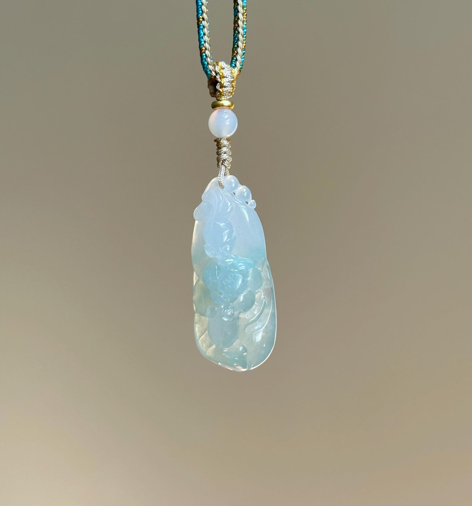 Natural Jadeite Fish & Lotus Pendant - Burmese Type A Highly Translucent Icy Pale Green Jade, Adjustable Cord