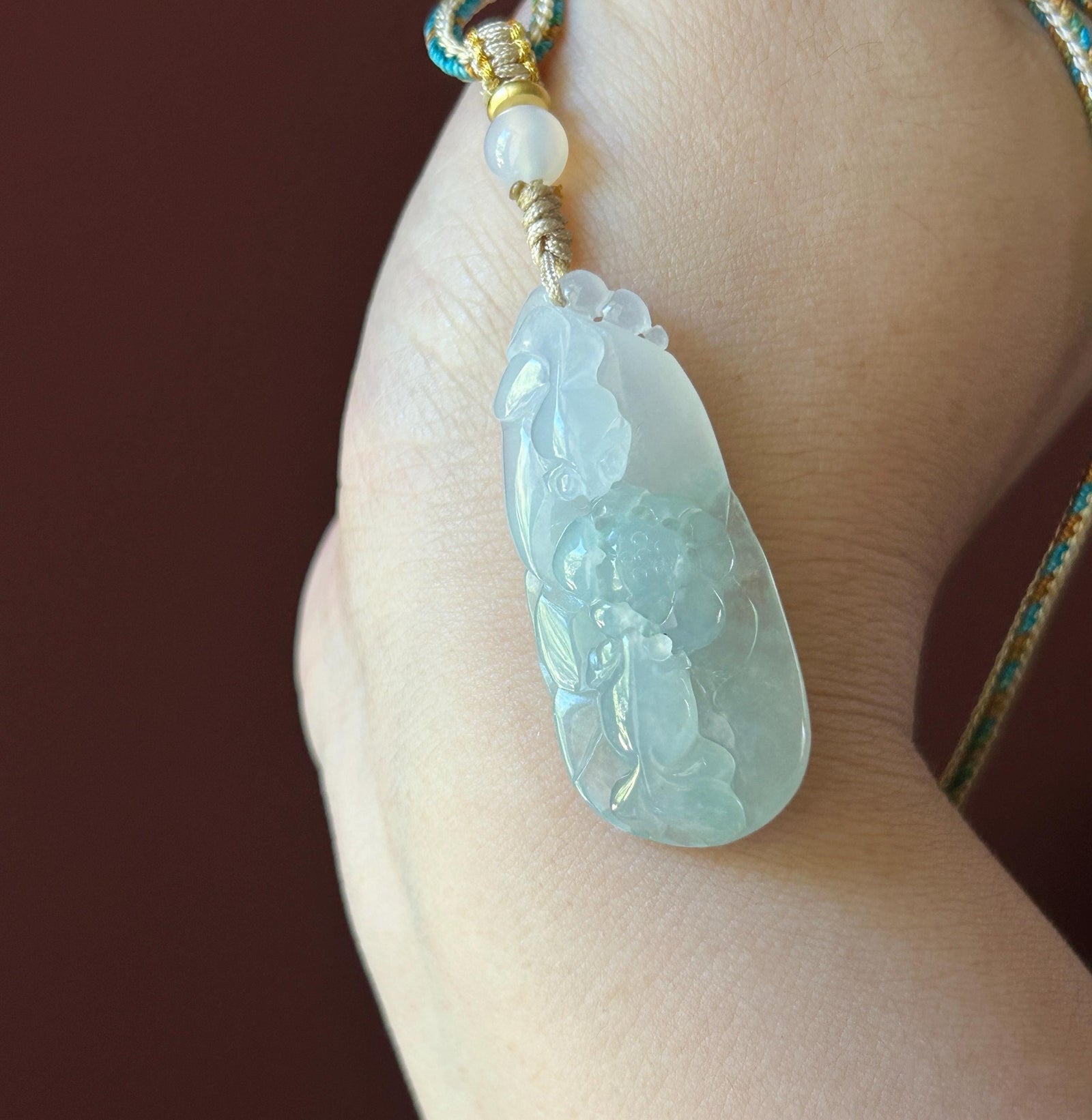 Natural Jadeite Fish & Lotus Pendant - Burmese Type A Highly Translucent Icy Pale Green Jade, Adjustable Cord