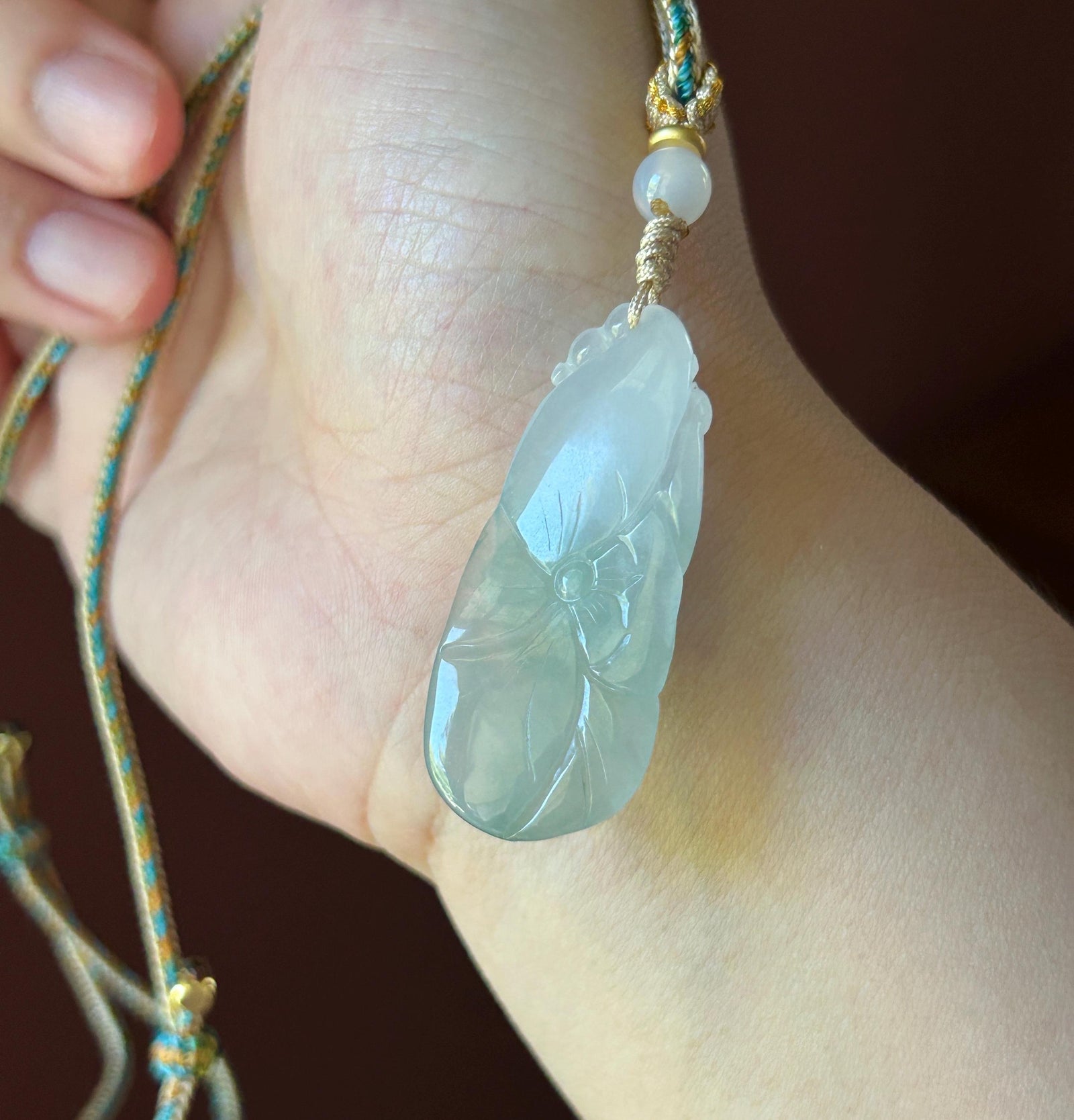 Natural Jadeite Fish & Lotus Pendant - Burmese Type A Highly Translucent Icy Pale Green Jade, Adjustable Cord