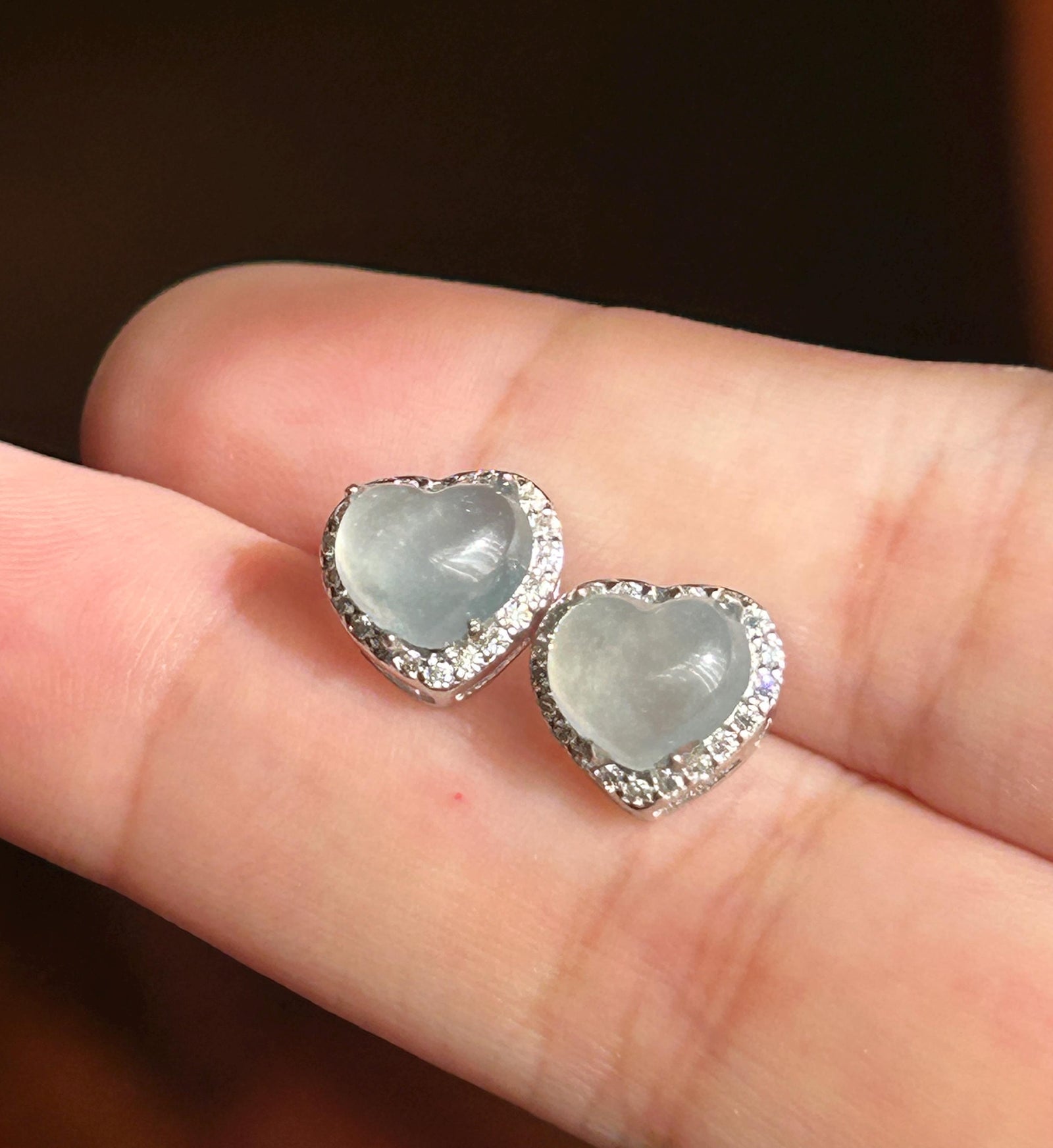 Natural Jadeite Heart Stud Earrings: Burmese Type A Untreated Highly Translucent Icy White Jade Cabochon, Sterling Silver