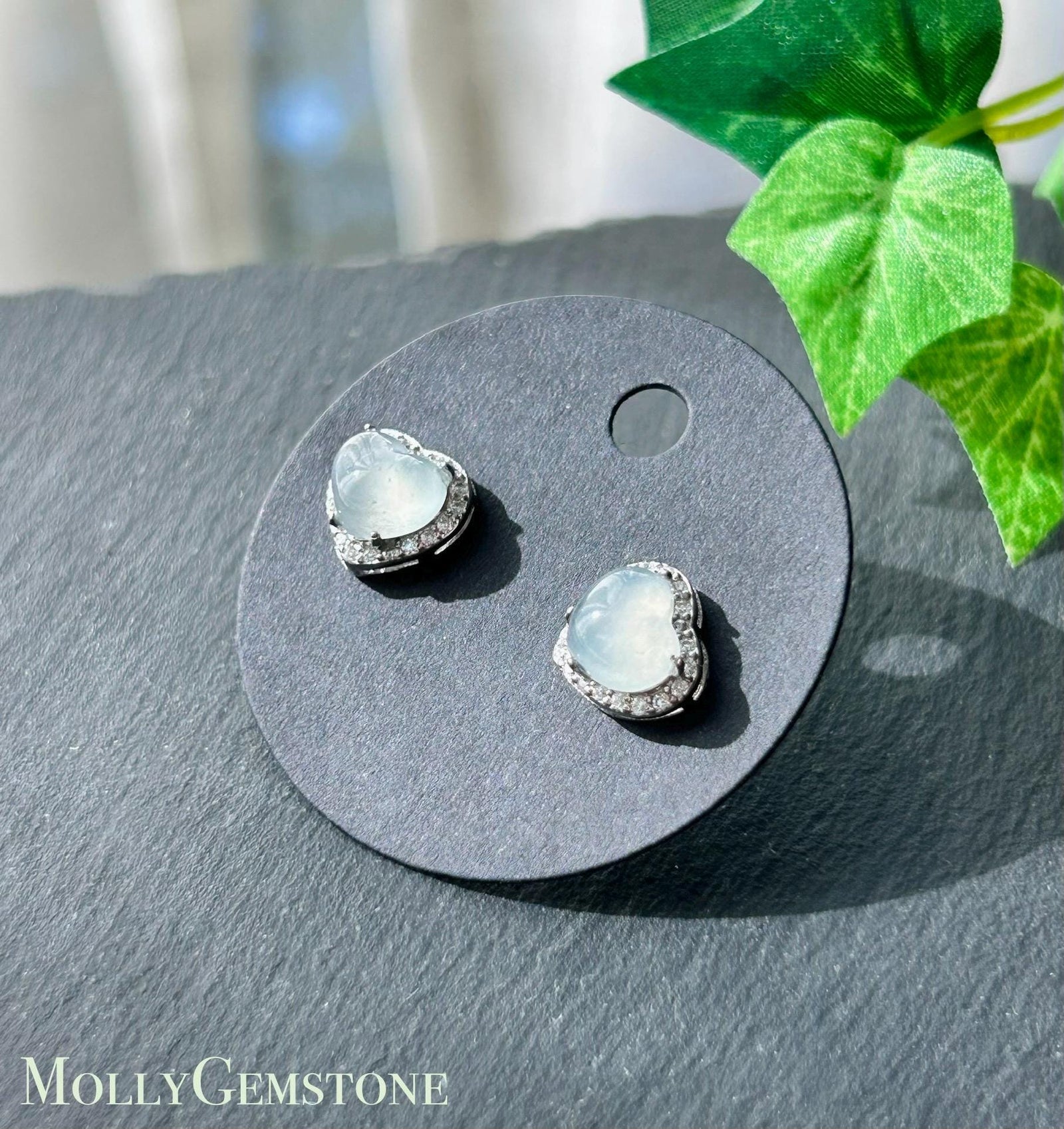 Natural Jadeite Heart Stud Earrings: Burmese Type A Untreated Highly Translucent Icy White Jade Cabochon, Sterling Silver