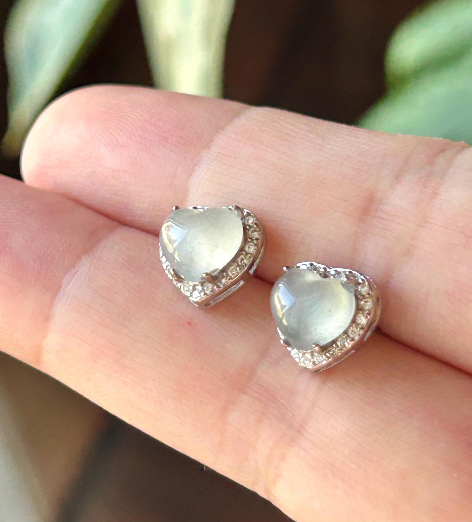 Natural Jadeite Heart Stud Earrings: Burmese Type A Untreated Highly Translucent Icy White Jade Cabochon, Sterling Silver