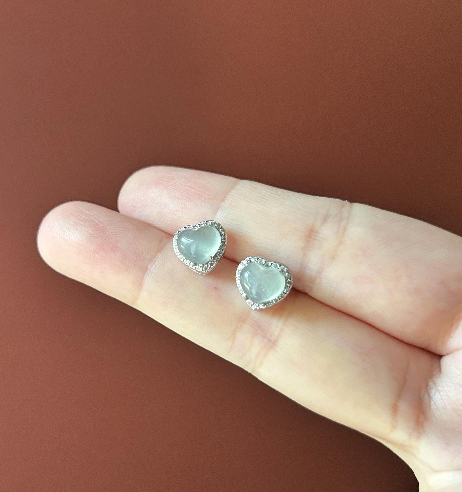 Natural Jadeite Heart Stud Earrings: Burmese Type A Untreated Highly Translucent Icy White Jade Cabochon, Sterling Silver