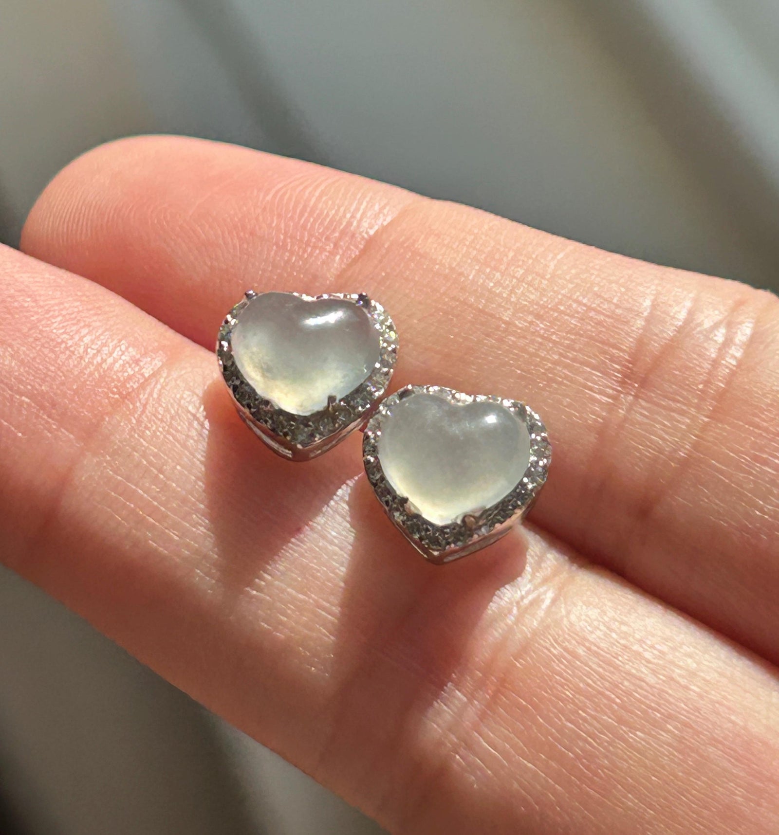 Natural Jadeite Heart Stud Earrings: Burmese Type A Untreated Highly Translucent Icy White Jade Cabochon, Sterling Silver