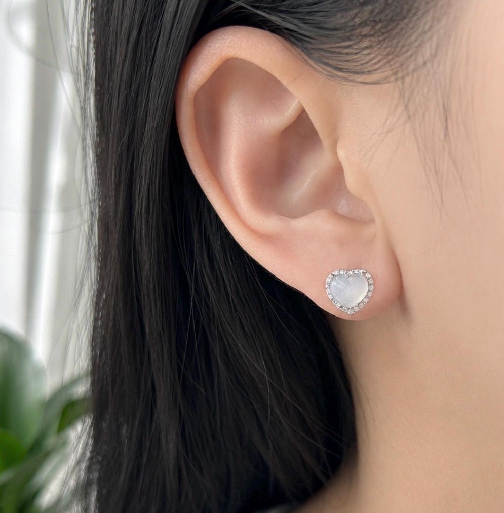Natural Jadeite Heart Stud Earrings: Burmese Type A Untreated Highly Translucent Icy White Jade Cabochon, Sterling Silver