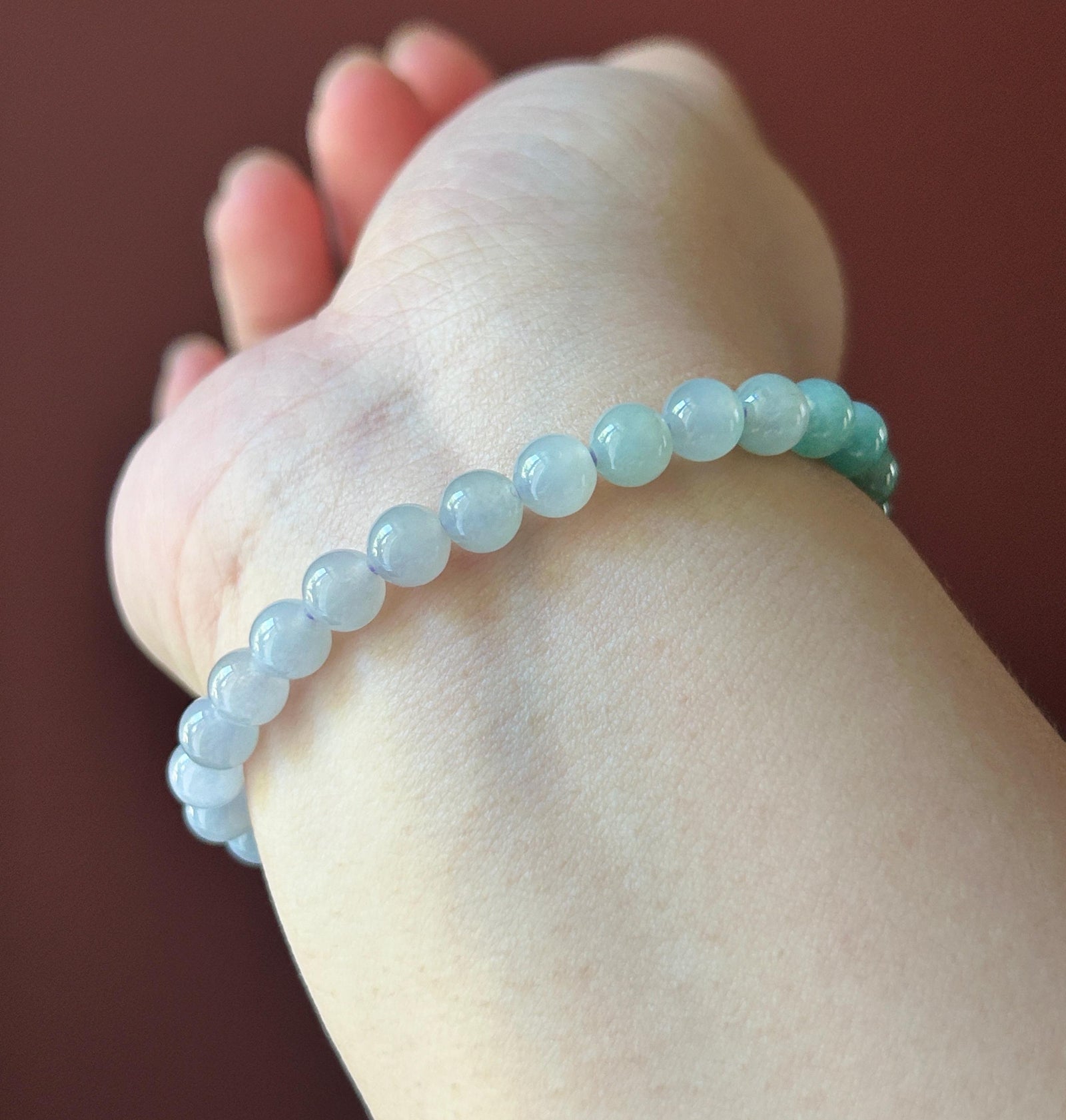 Natural Jadeite Beaded Bracelet, Burmese Type A Untreated Translucent Icy Pale Lavender & Bluish Green Gradient Multicolor Jade, 6.5mm