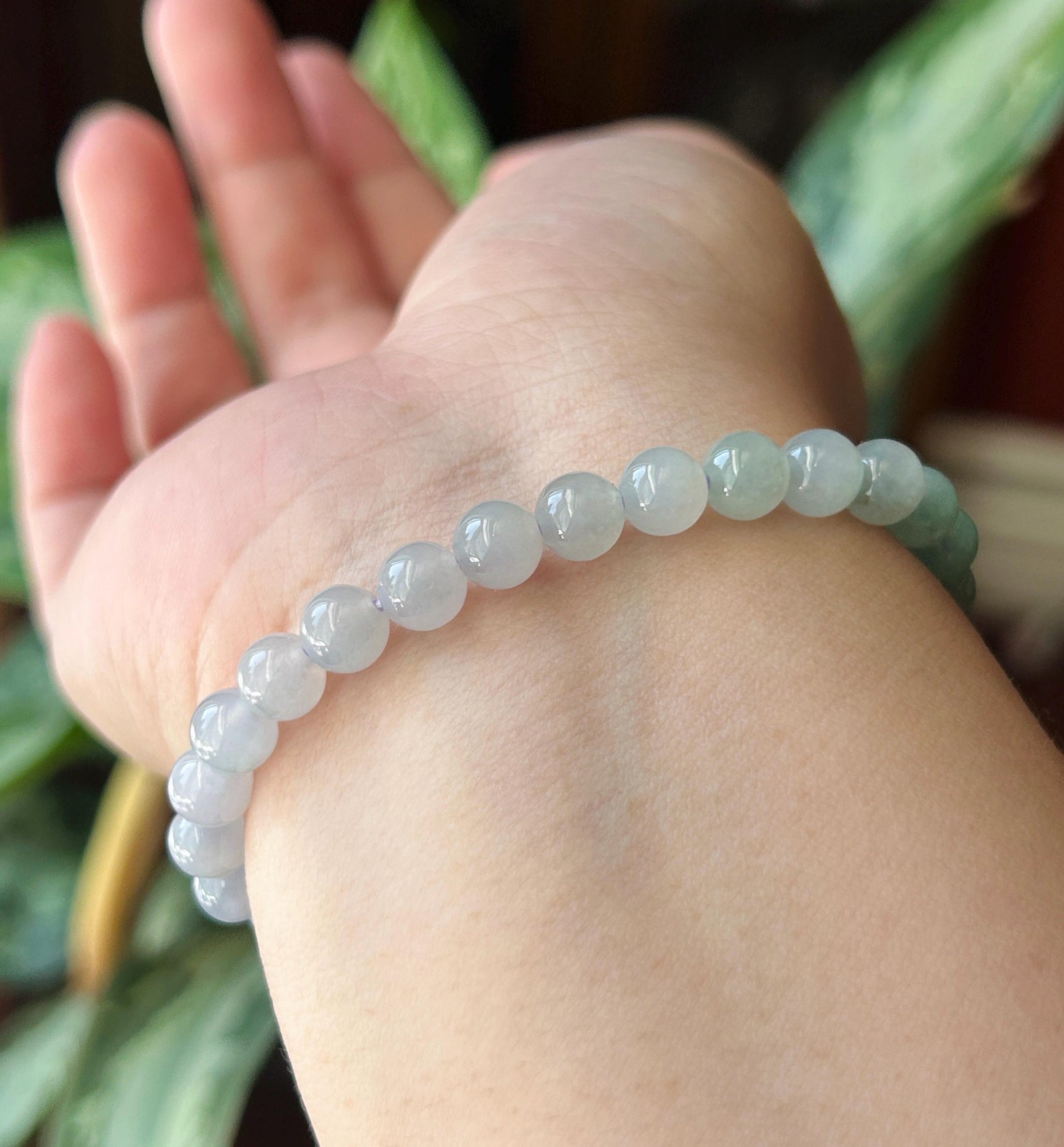 Natural Jadeite Beaded Bracelet, Burmese Type A Untreated Translucent Icy Pale Lavender & Bluish Green Gradient Multicolor Jade, 6.5mm