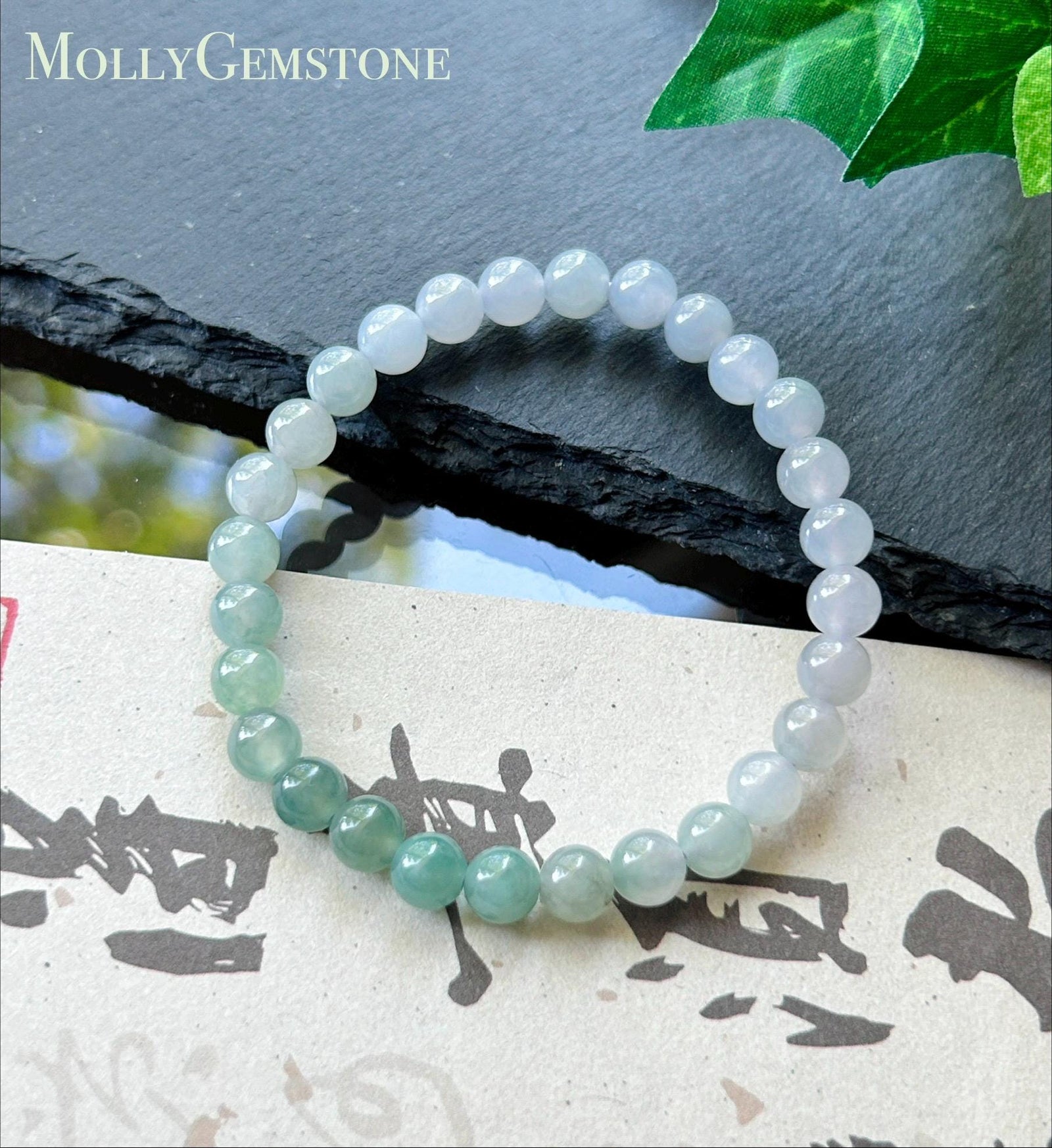 Natural Jadeite Beaded Bracelet, Burmese Type A Untreated Translucent Icy Pale Lavender & Bluish Green Gradient Multicolor Jade, 6.5mm