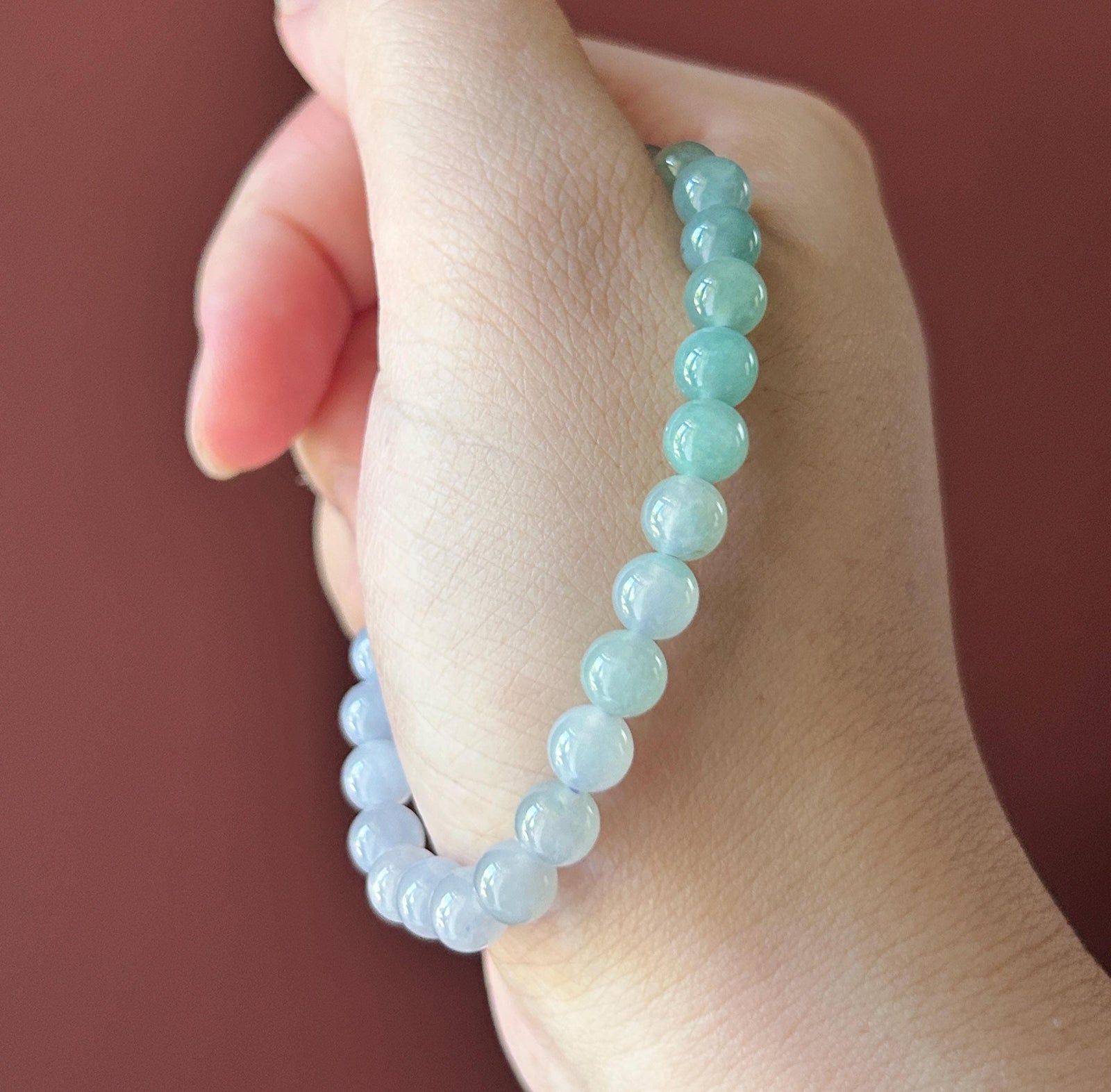 Natural Jadeite Beaded Bracelet, Burmese Type A Untreated Translucent Icy Pale Lavender & Bluish Green Gradient Multicolor Jade, 6.5mm