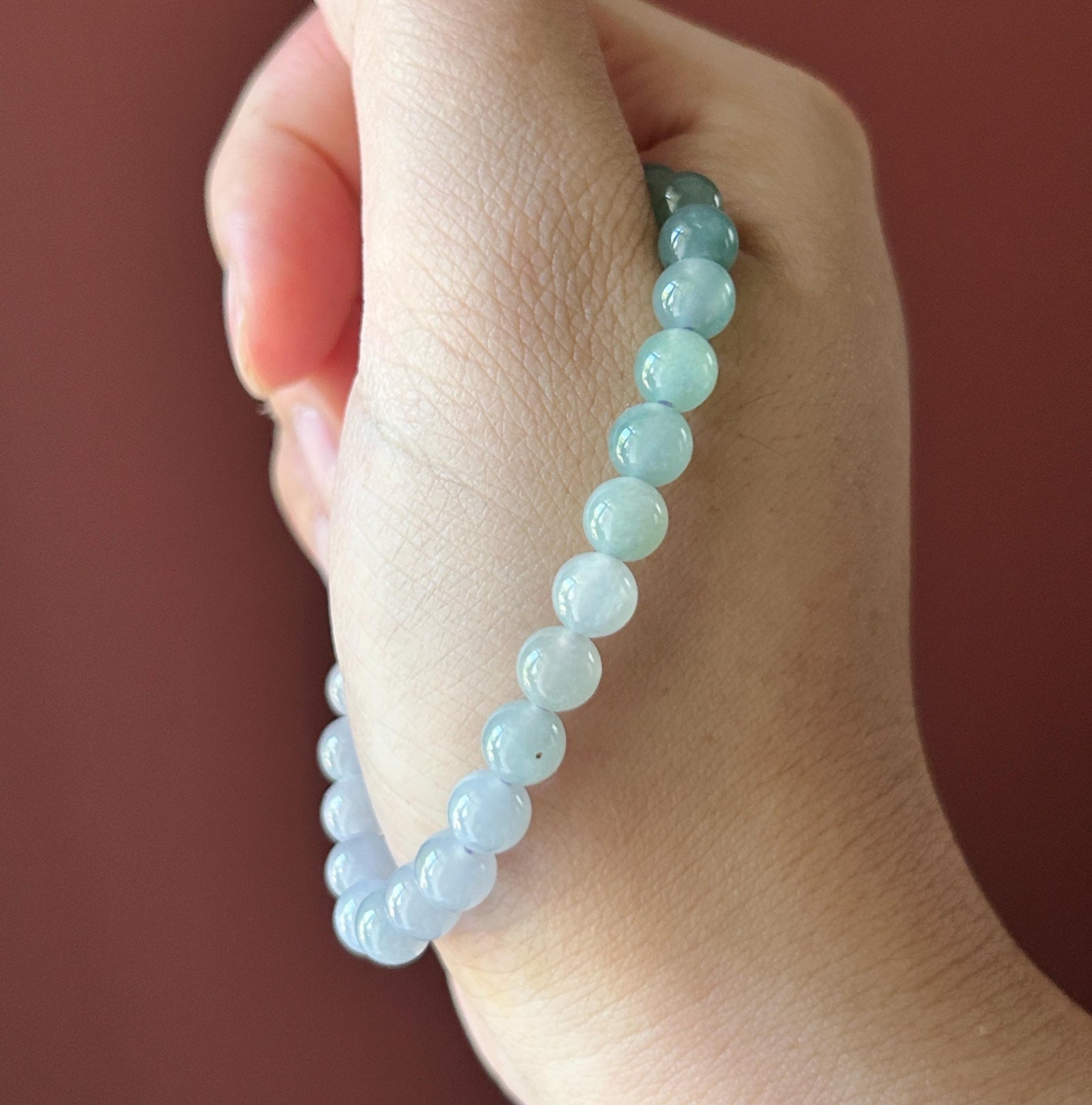 Natural Jadeite Beaded Bracelet, Burmese Type A Untreated Translucent Icy Pale Lavender & Bluish Green Gradient Multicolor Jade, 6.5mm