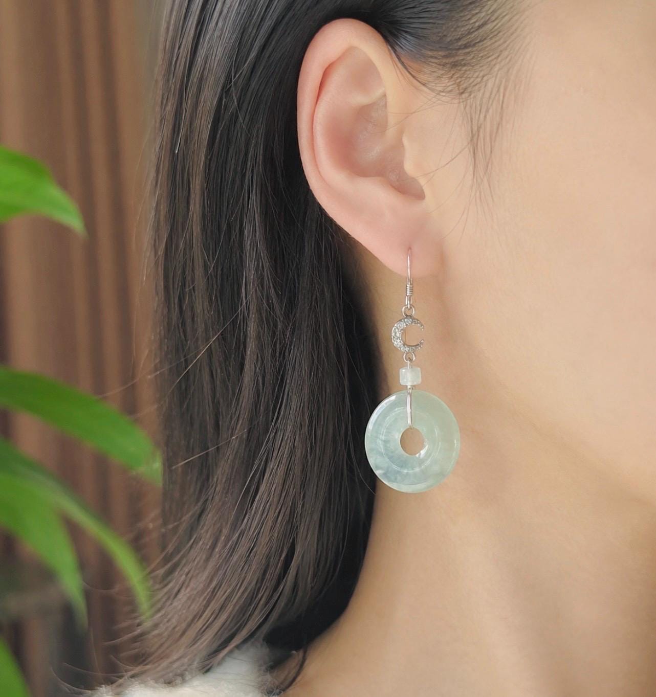 Natural Jadeite Lucky Donut Earrings: Burmese Type A Untreated Highly Translucent Icy Pale Green Jade, Sterling Silver