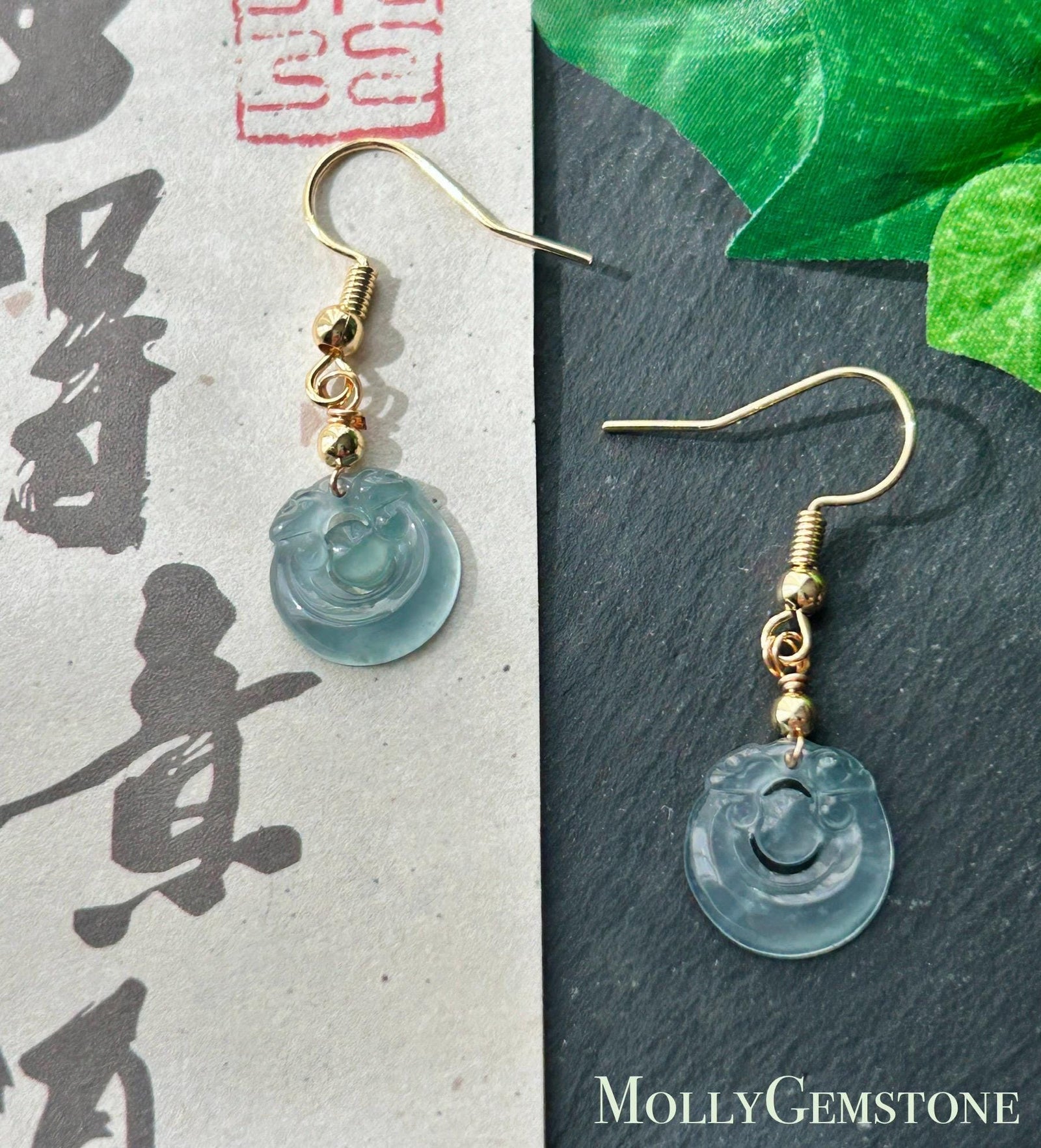 Natural Jadeite RuYi Earrings: Guatemalan Type A Untreated Highly Translucent Icy Pale Ocean Blue Jade, Sterling Silver