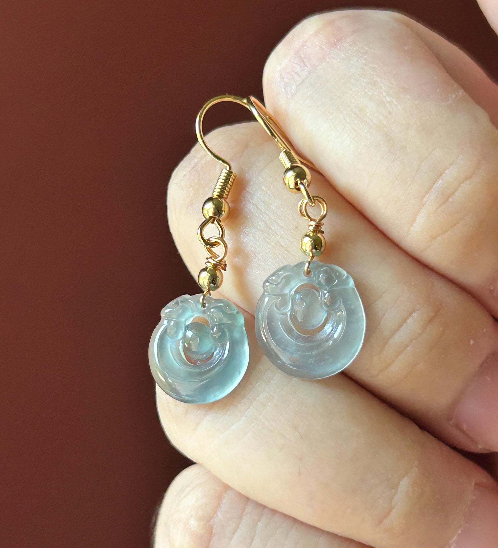 Natural Jadeite RuYi Earrings: Guatemalan Type A Untreated Highly Translucent Icy Pale Ocean Blue Jade, Sterling Silver