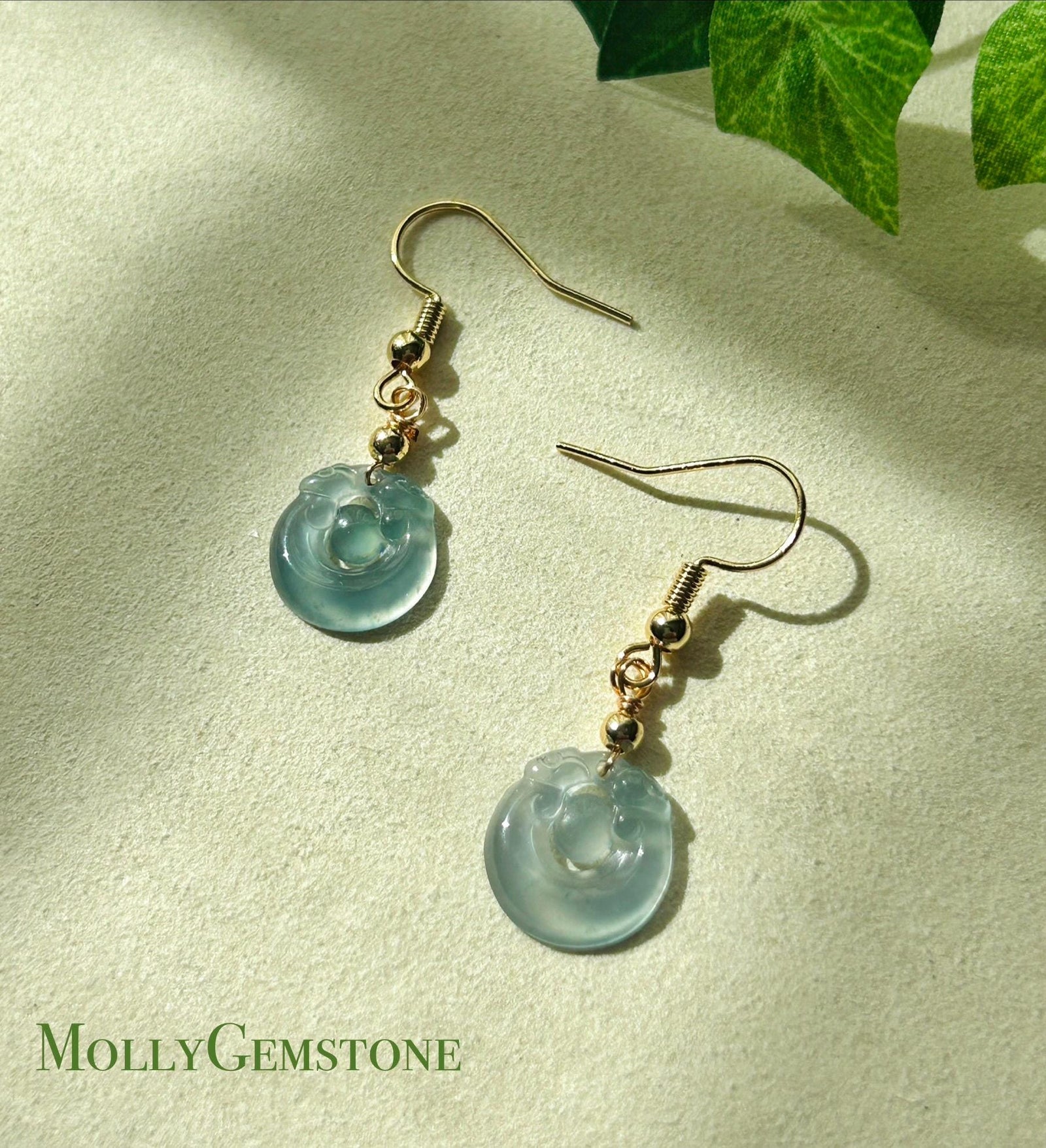 Natural Jadeite RuYi Earrings: Guatemalan Type A Untreated Highly Translucent Icy Pale Ocean Blue Jade, Sterling Silver